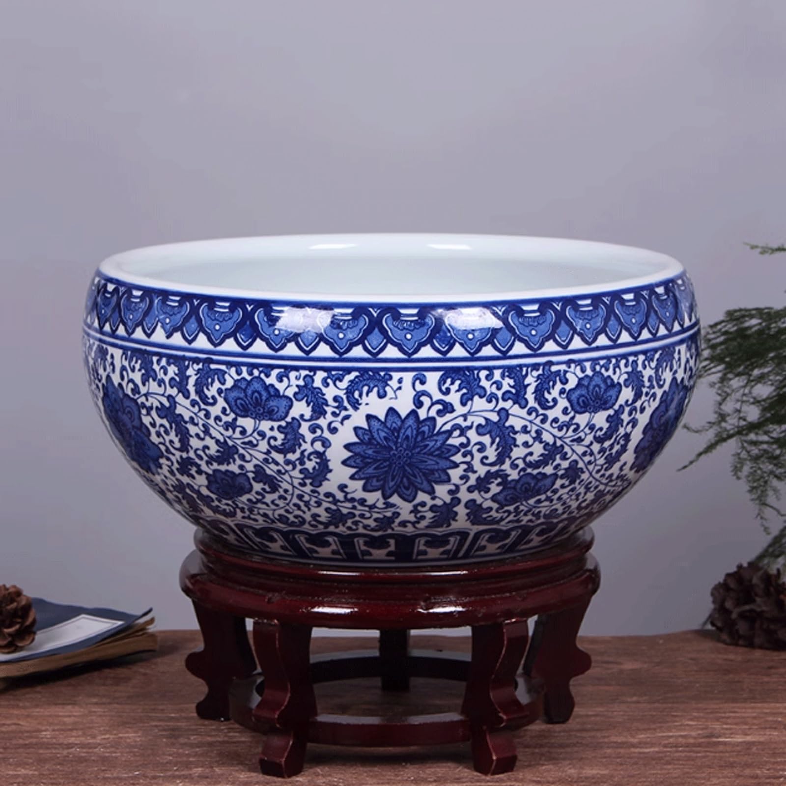 Dekoracyjna okrągła miska do lilii wodnej, niebiesko-biała porcelanowa doniczka, doniczka hydroponiczna, ceramiczna doniczka na kwiaty lotosu wodnego na stół i taras (60 x 28 cm)