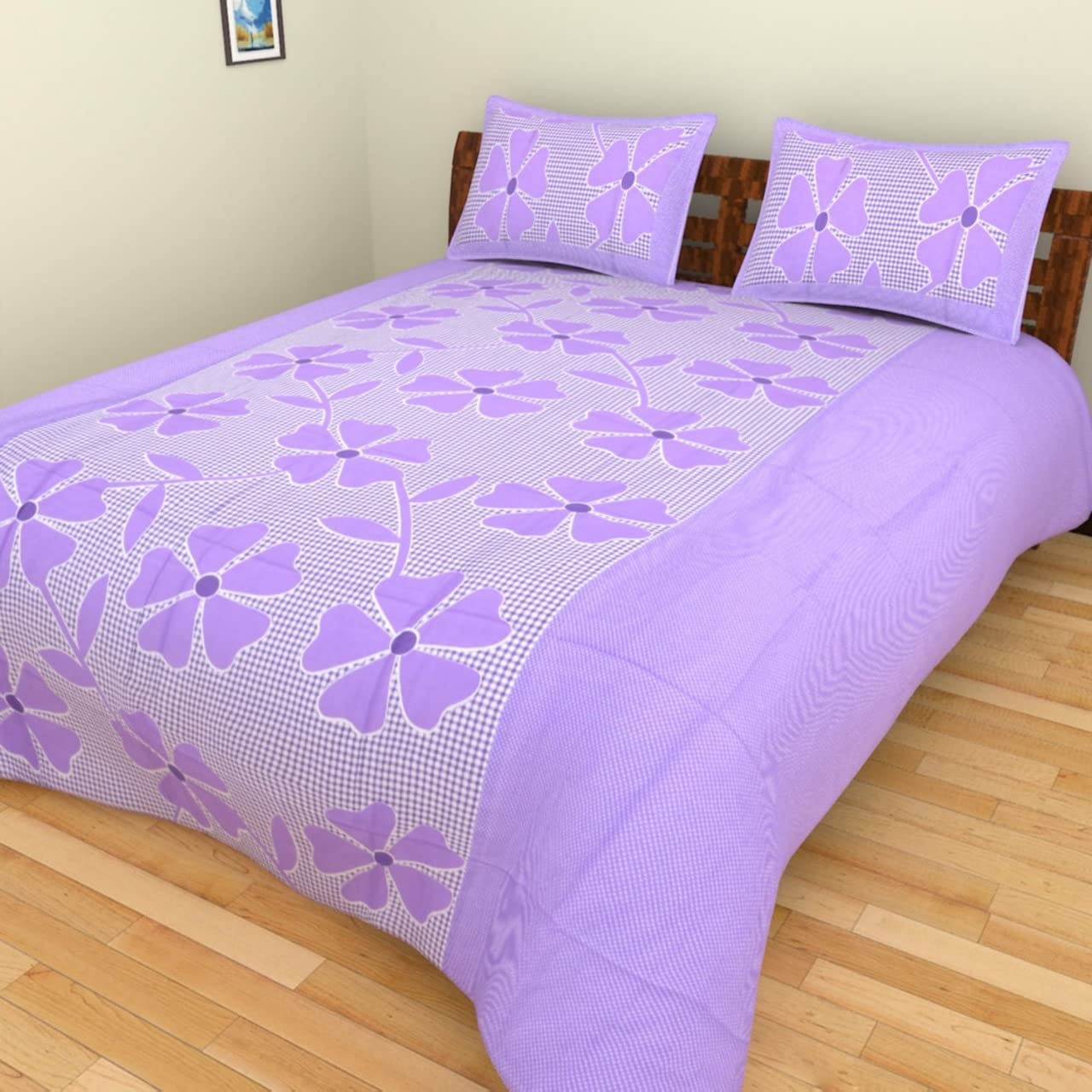 Delight Zone Prime Collection 144TC 3D Printed Polycotton Double Bedsheet with 2 Pillow Covers (Multicolour, Size 87 x 87 Inch) - Purple Frooti 3-3D