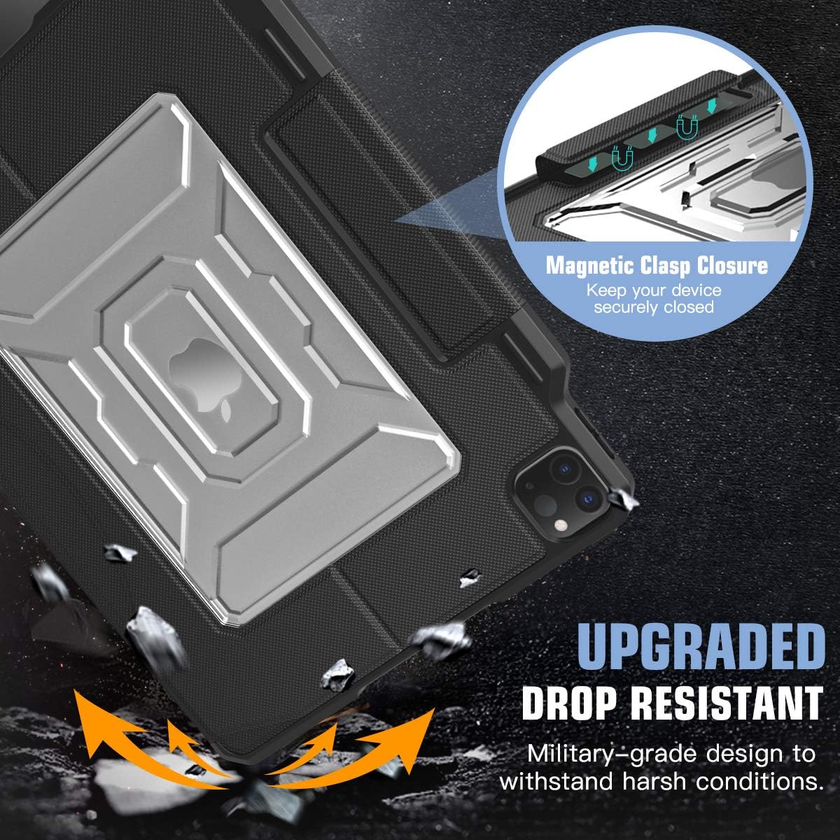 MoKo Case Fit iPad Pro 12.9 4th Generation 2020 & 2018 - [Support Apple Pencil 2 Charging] Shockproof Rugged Protective Case with Multi-Angle Magnetic Stand, Pencil Holder & Auto Sleep/Wake - Black