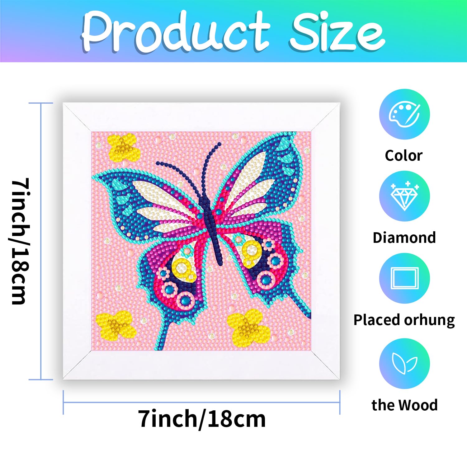Farfalla Diamond Painting Set per bambini con cornice, set di pittura con diamanti per bambini, 5D Gem Art Craft for Gift Home Decor 18 x 18 cm