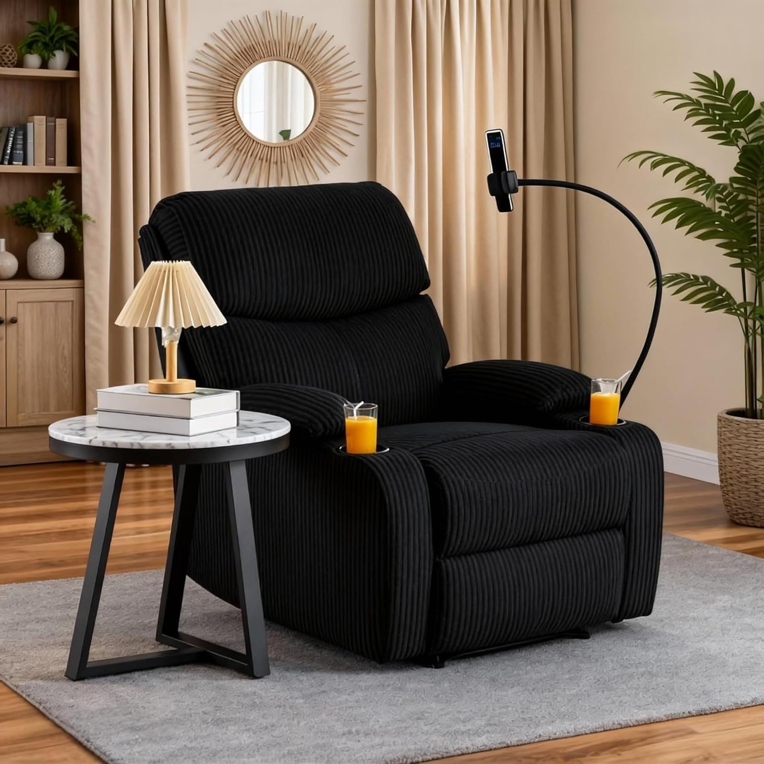 Recliner Chair, Oversized Reclining Chair with Phone Holder & 2 Cup Holders, Corduroy Wide Rocker Chair for Adults, Single Reclining Sofa Recliner for Living Room, Office, Theater Seating