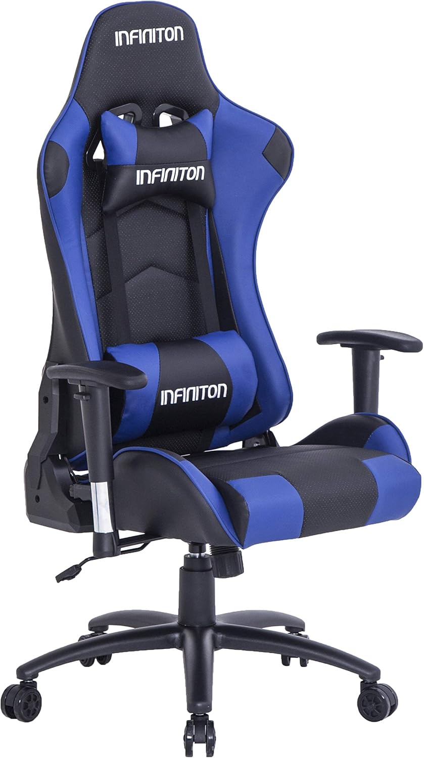 Silla Gaming INFINITON GSEAT (Silla con Reposacabezas y Cojín Lumbar, Cuero Sintético, Ergonomica, Ideal para Jugadores) (Azul)