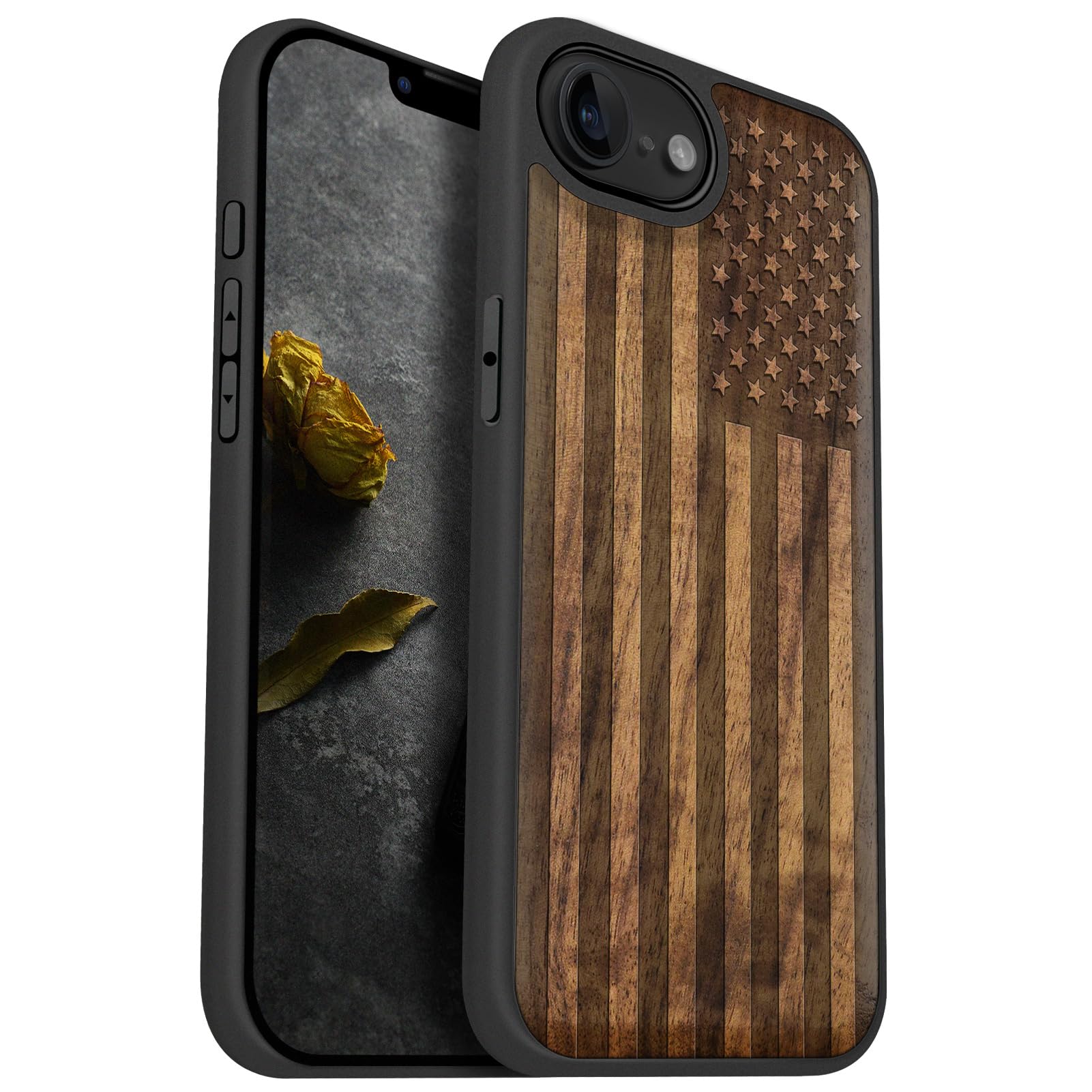 Carveit Magnetic Wooden Case for iPhone 16e 2025, Solid Wood & Black TPU, Artisan Engraved Design, Shockproof Cover, Compatible with MagSafe Wireless