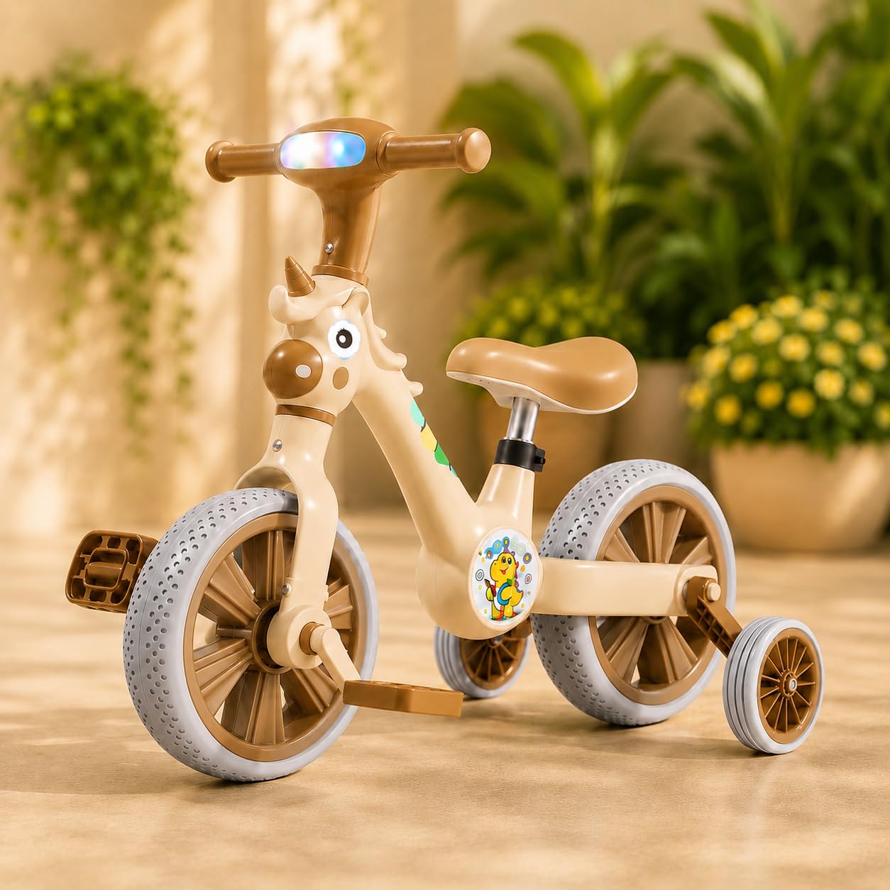 Unicorn BeatRide 3 in 1 Convertible Kids Balance Bike Bicycle Tricycle with LED Lights & Music for Boys & Girls | Age 2–5 Years | BPA-Free | Adjustable Seat | Training Wheels (Brown)-image-26