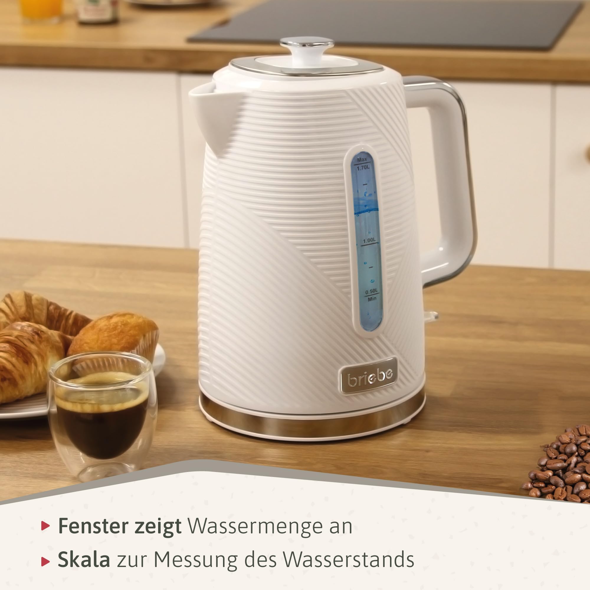 briebe Elegance Toaster Set Breiter Schlitz 2 Scheiben 7 Bräunungsstufen Wasserkocher 1,7L Kabellos 2200W BPA Frei Weiß
