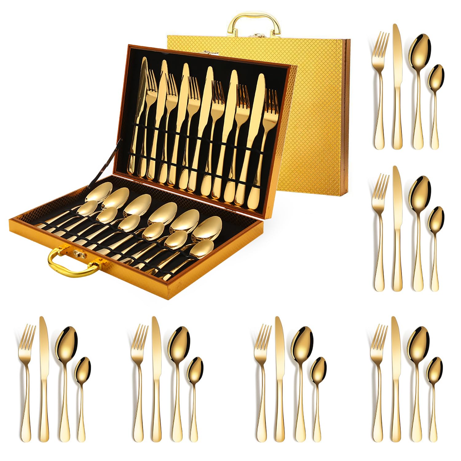 24Pieces Golden Cutlery Set, Stainless Steel Flatware Cutlery Set, Kitchen Utensils Set, Tableware Set For Home Kitchen Restaurant Hotel Gatherings Picnic Dining,Includes Knives Forks Spoons