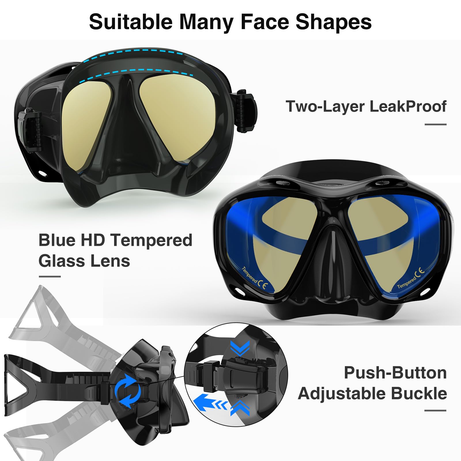 Snorkeling Gear for Adults, Dry Snorkel Mask Set Blue Electroplated 180° Panoramic Wide View Anti-Fog Scuba Diving Mask Goggles, Professional Snorkel Gear for Adults Swimming, Diving