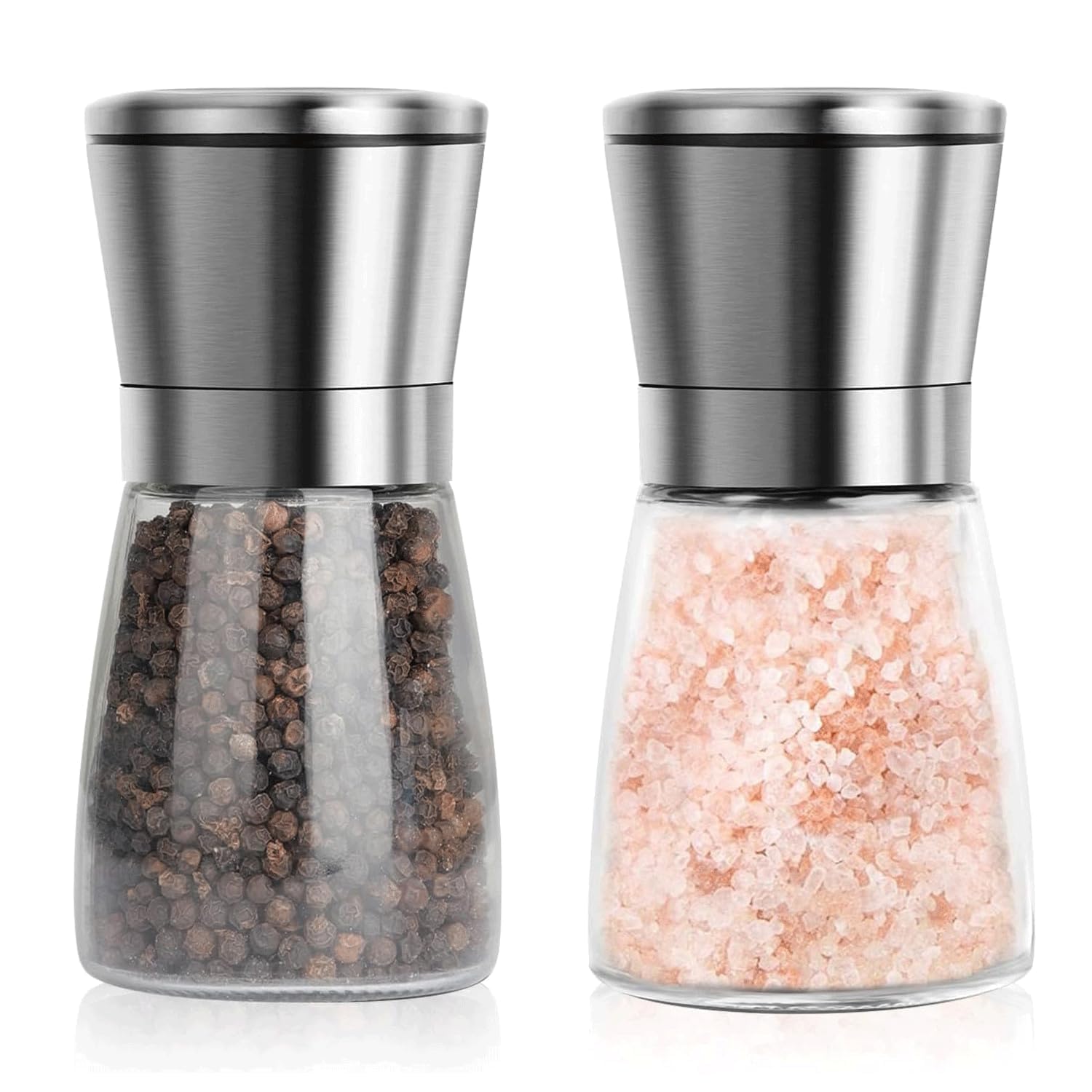 2Pcs Salt and Pepper Grinder Mill Set, Salt and Pepper Shakers, Brushed Stainless Steel Glass Body, Adjustable Coarseness Spice Mill Set