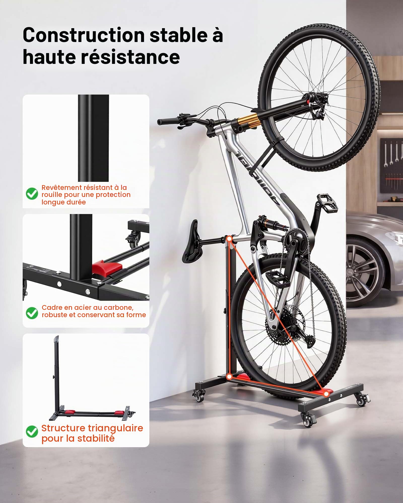 VEVOR Support Vélo Vertical Lot de 2, Support de Vélo au Sol Autoportant avec Roulettes Verrouillables, Hauteur Réglable, Rangement Vertical et Horizontal, Acier au Carbone, pour Roues de 508 à 737 mm