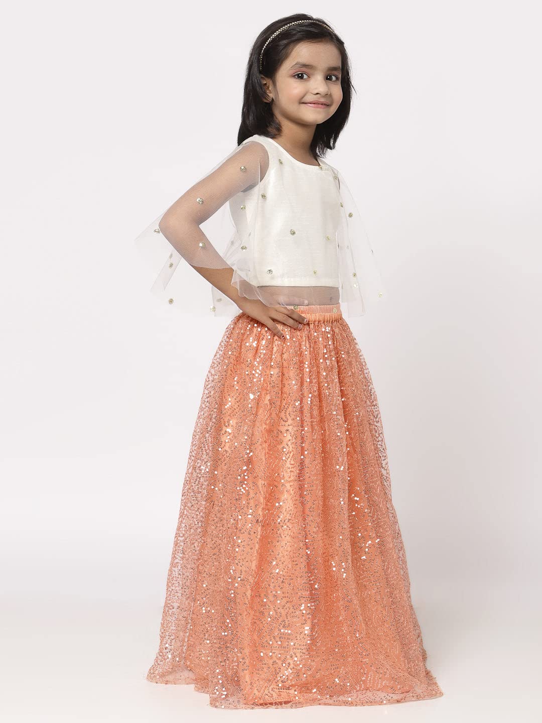 studio rasa Net Sequins Embroidered Cape Lehenga Set Wedding Party Festival kids dress girls (GLC12205/3-4_Peach) 1