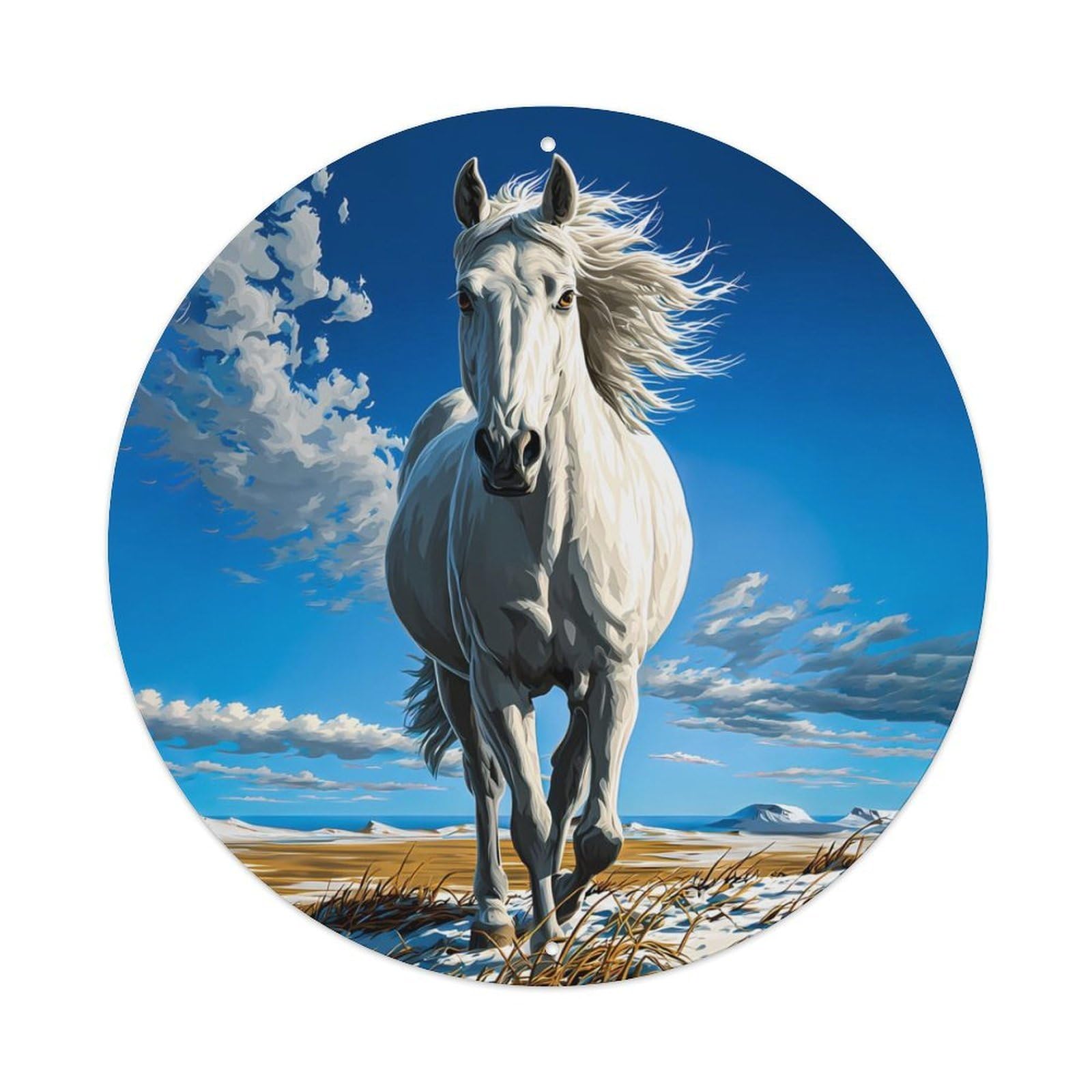 Animal White Horse Running Snowy Grassland Blue Sky Landscape Equine Vintage Metal Tin Sign Plaque Wall Decor for Cafe, Club Bar, Office, Garden Metal Poster 8x8Inch