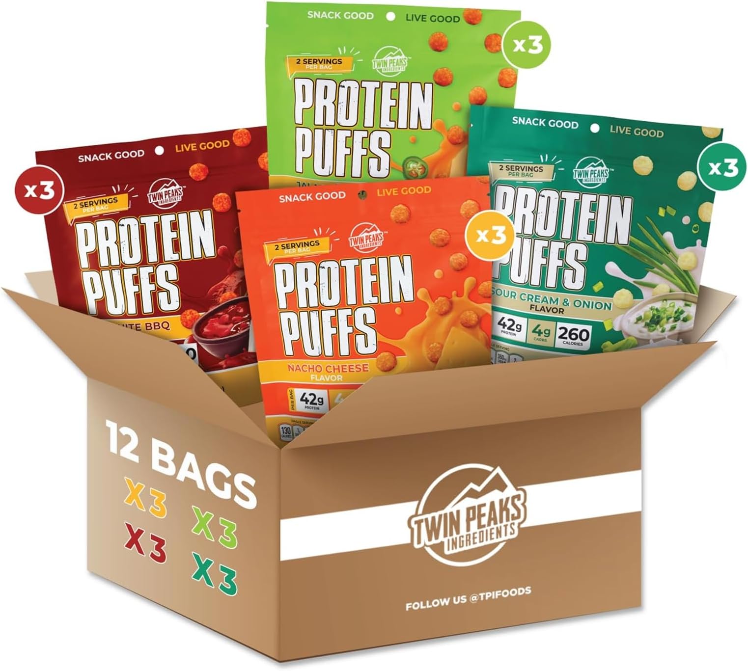 Twin Peaks Low Carb, Keto Friendly Protein Puffs, 2 Serving 12 Pack, (60g, 42g Protein, 4g Carbs)