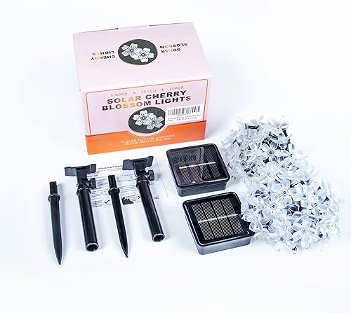 Miniatura 7 de Guirnalda de luces solares de flores, paquete de 2 50 luces LED para exteriores, impermeables, flores de cerezo, decoración de jardín para valla,
