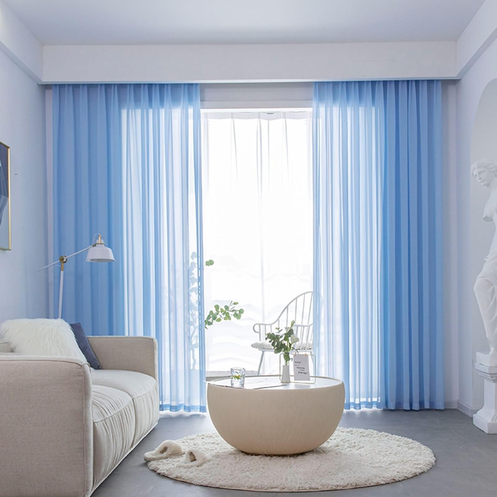 Rideau Voilage Bleu, Traitement de Voile de fenêtre Semi-Transparent de Couleur Unie pour Le Salon de la Chambre à Coucher, Bleu, 132 x 160 cm