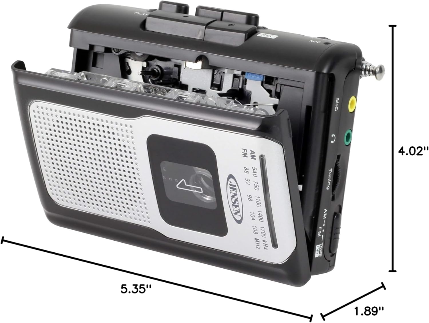 Diagram showing the dimensions of the Jensen CR-100: 4.02 inches length, 1.89 inches width, 5.35 inches height.