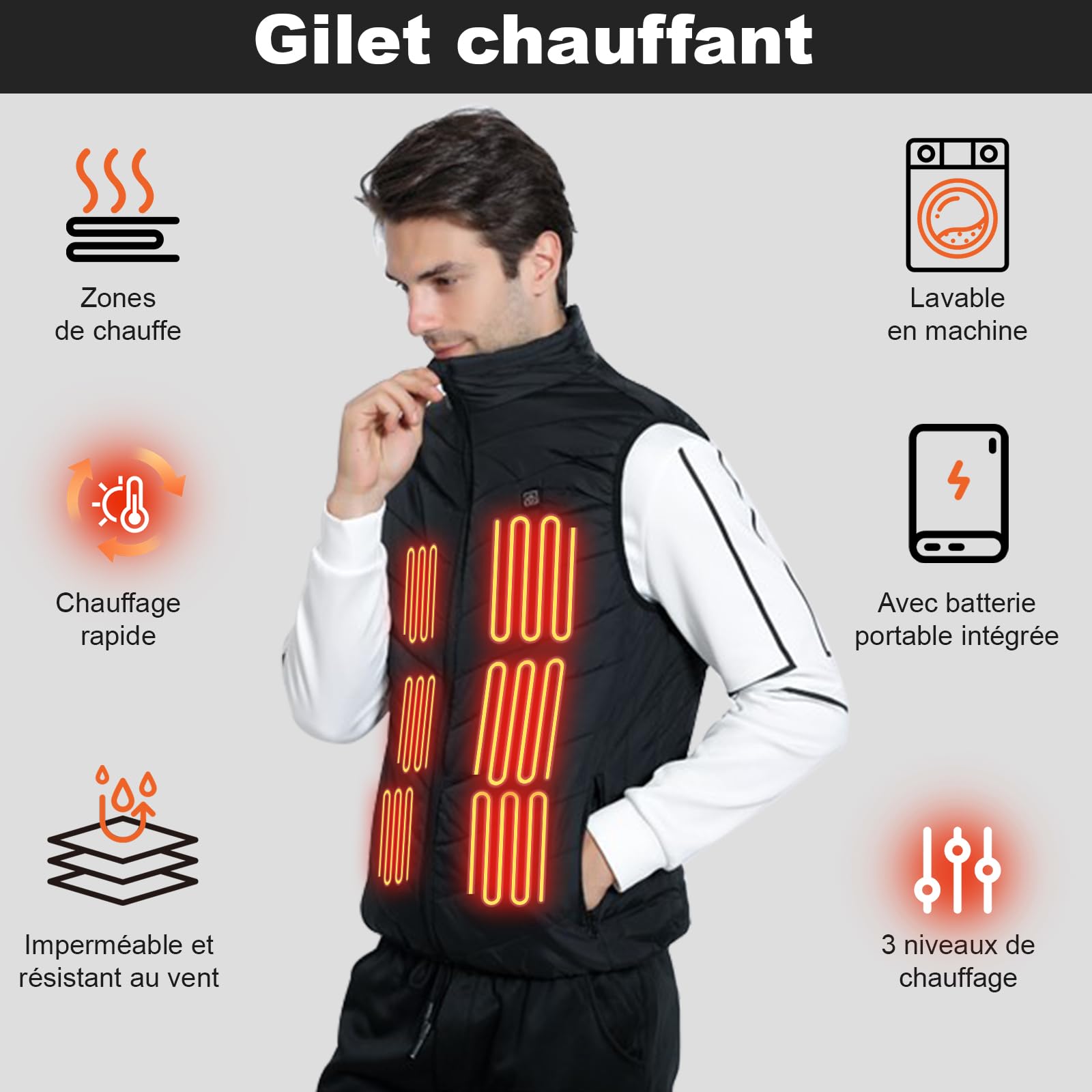 Gilet chauffant, veste chauffante avec batterie externe, gilet chauffant intelligent à double contrôle, gilet chauffant d'extérieur et d'hiver