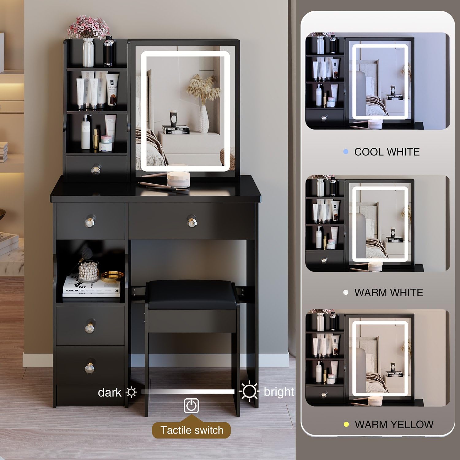 Vanity Desk with Mirror and Lights, Makeup Vanity Table & Chair Set with Adjustable LED Lighted Sliding Mirror, Storage Cabinet Shelves and Drawers, Small Dressing Table for Girls Bedroom, Black