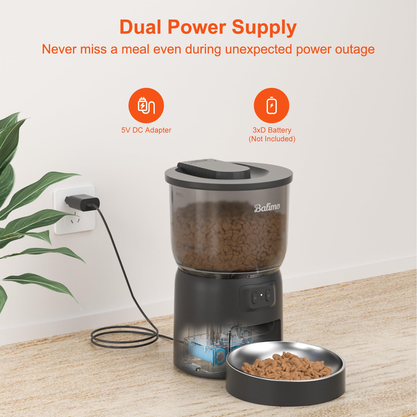 Balimo Distributore Automatico Cibo Gatti, 2.4G WiFi Dispenser Crocchette Gatto, 3L Distributore Automatico Cibo Cani, Adatto Controllo App, Da 1 a 10 Pasti al Giorno, Nero