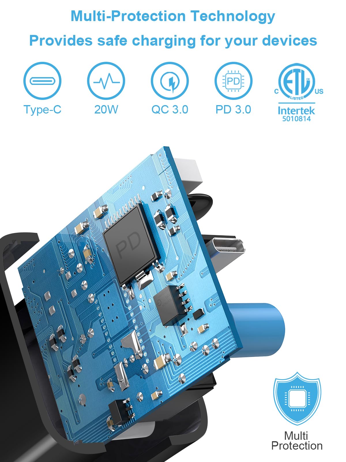 Cargador rápido para iPhone, paquete de 3 + 3 cargadores de pared USB C de 20 W con cable de carga rápida de 10 pies compatible con iPhone 14/13/12/11/Pro/Pro Max, color negro