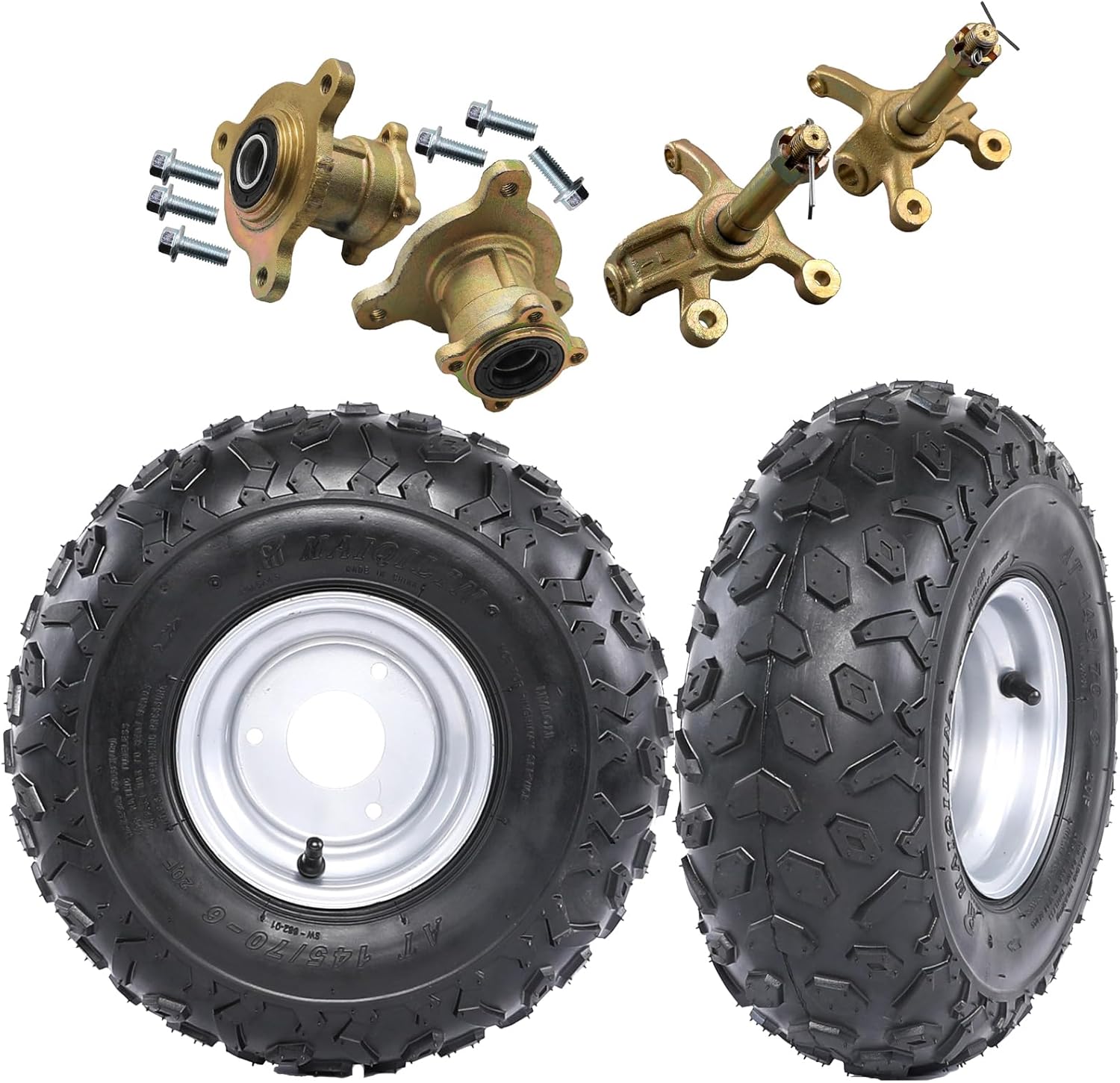 145/70-6 ATV Tire and Wheel with Front Steering Spindles & 3-Stud Front Wheel Hubs, 4PR Tubeless – Fits 50cc to 300cc ATV, UTV, Go Kart, Golf Cart, Buggy, Mower, Mini Bike (2 Pack)