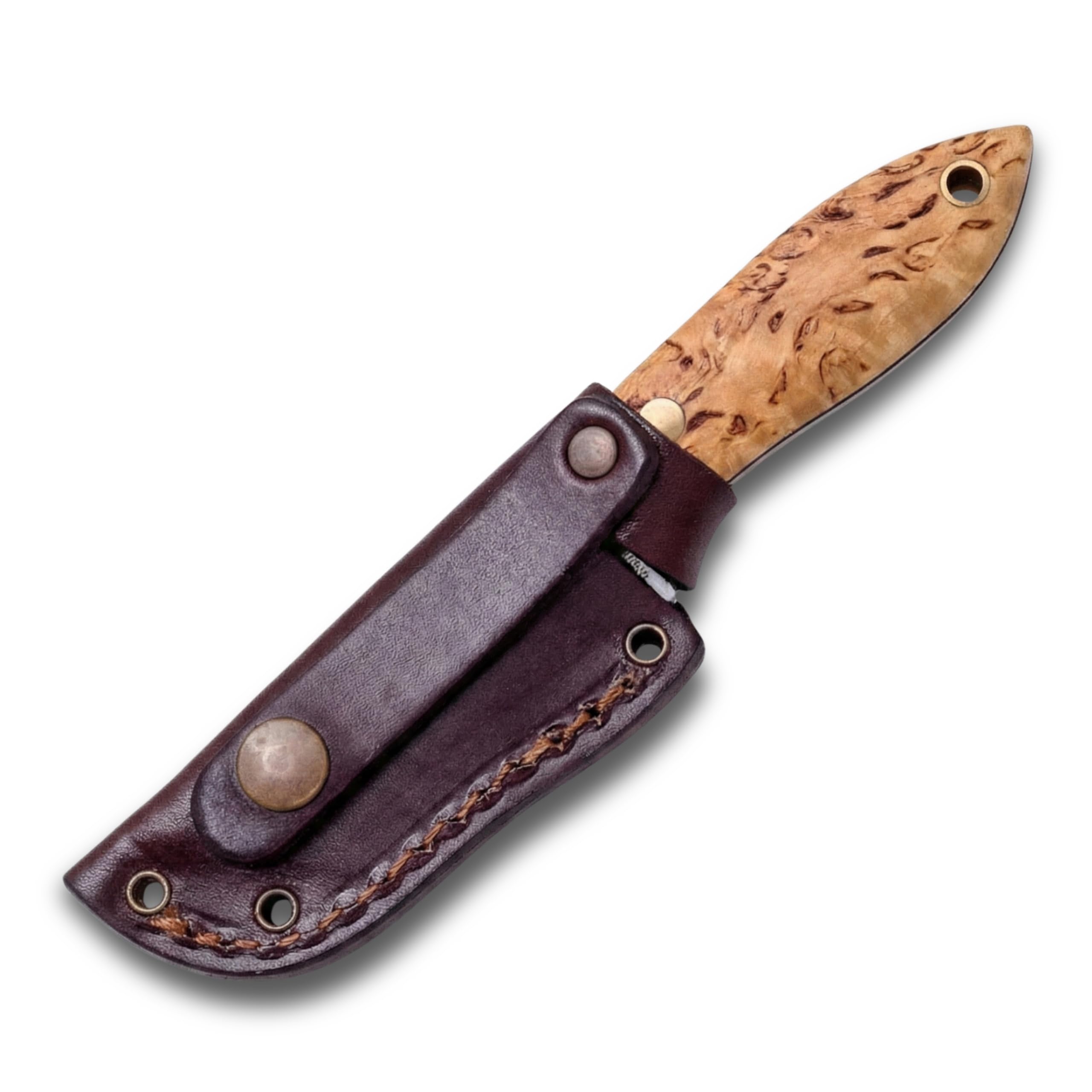 Joker Bushcraft-Messer Avispa S CL121, Griff aus lockigem Birkenholz, Gürtelmesser mit 8 cm Klinge mit Wirbelsäulengriff, inkl. brauner Lederscheide, Werkzeug zum Angeln, Jagen, Camping und Wandern