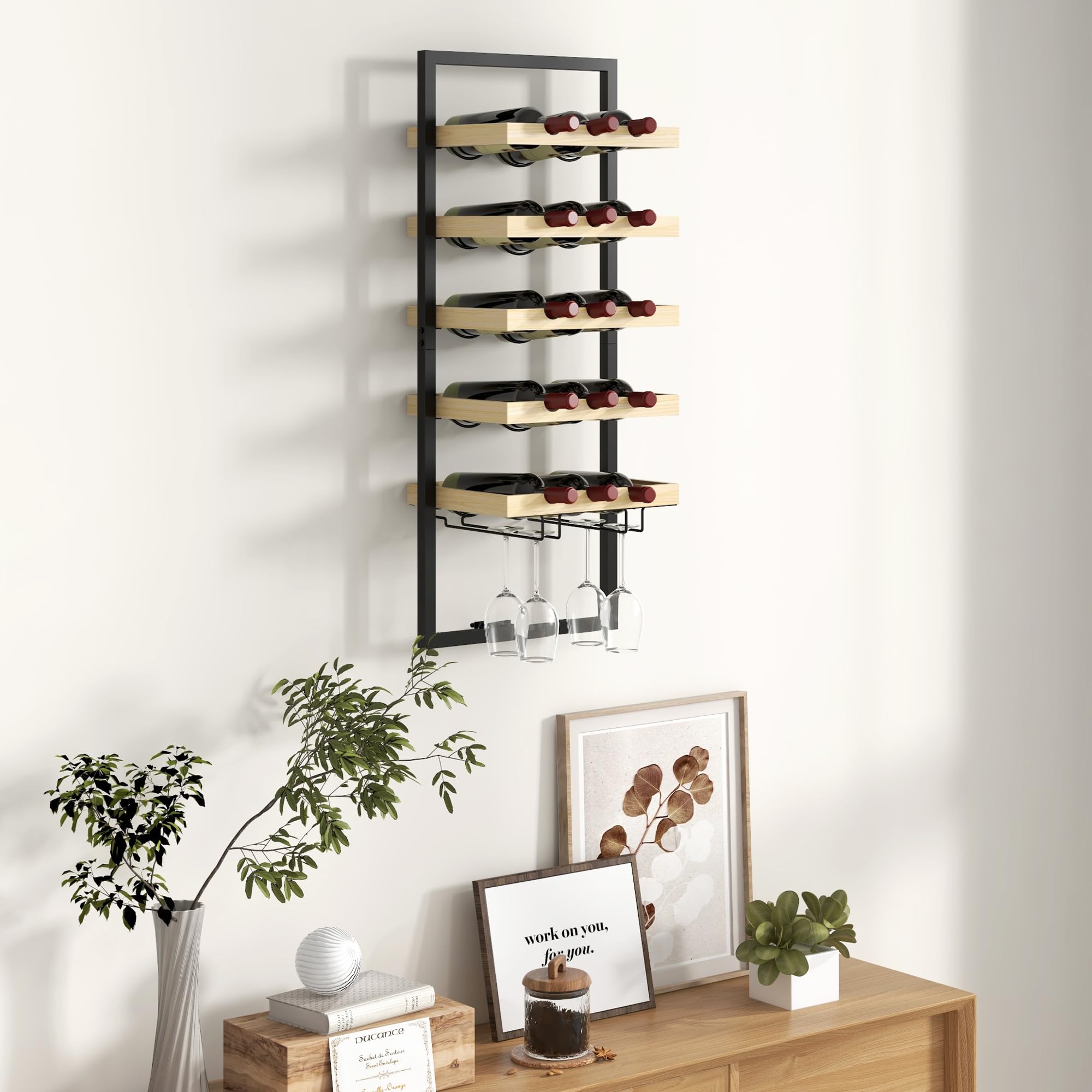 HOMCOM Portabottiglie da Parete Legno e Acciaio 15 Bottiglie Color Legno | Porta Bottiglie di Vino, 4 Calici, Cantinetta Vino, Bar, Cucina, Salotto, Sala da Pranzo, Ristorante