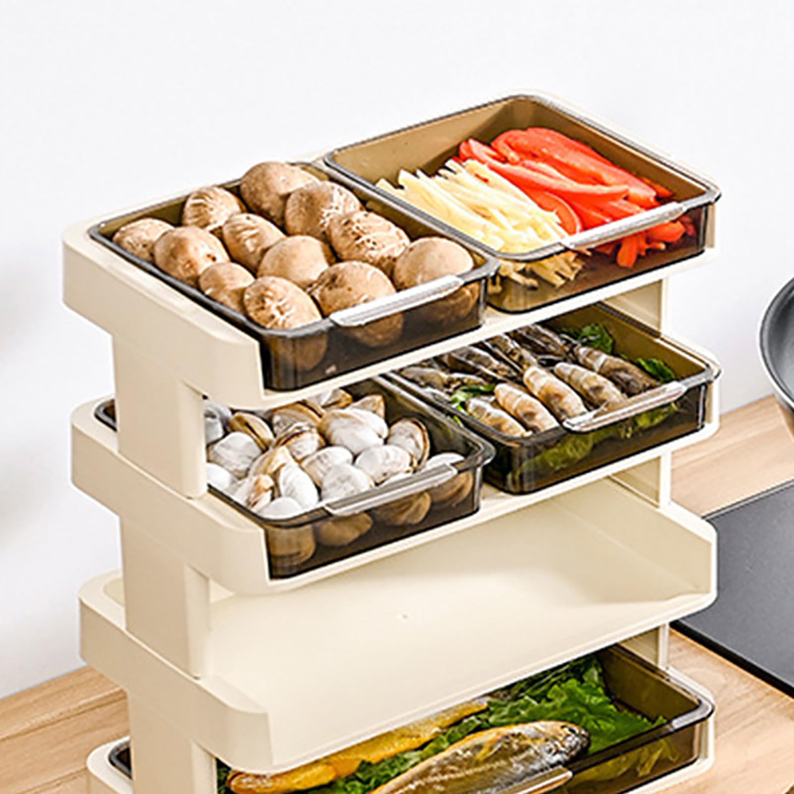 Scaffale portaoggetti da cucina a 3 ripiani, multifunzionale, per piano di lavoro, camera da letto, bagno, in plastica, rimovibile, color bianco crema, salvaspazio e versatile