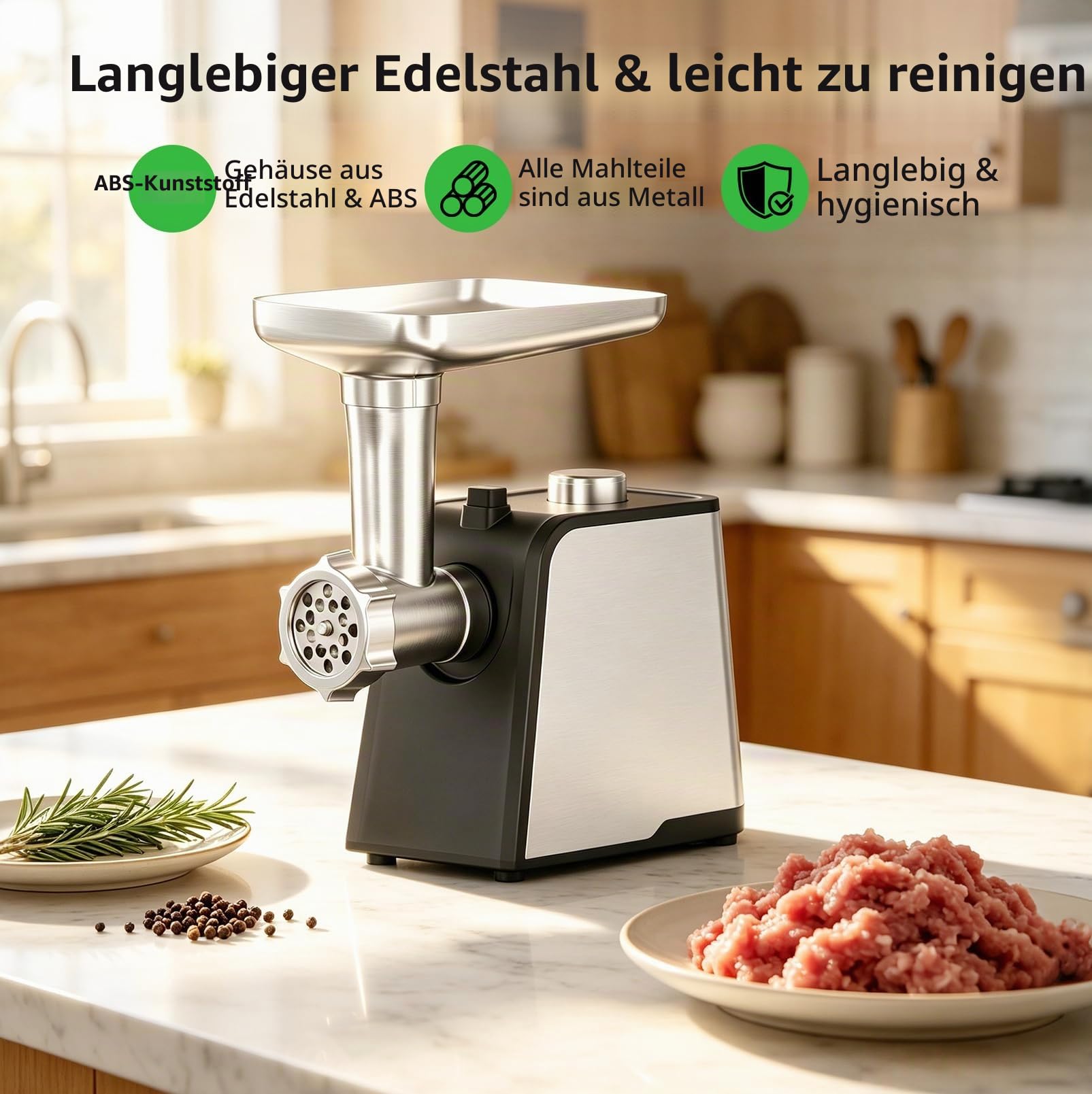 Elektrischer Fleischwolf 3 in 1 mit Wurstfüller,3200W Fleischwolf Edelstahl | Wurstmacher mit 3 Wurstfüllrohren, 3 Hackplatten, 2 Klingen, Fleischbällchenformer für Rind, Schwein, Huhn