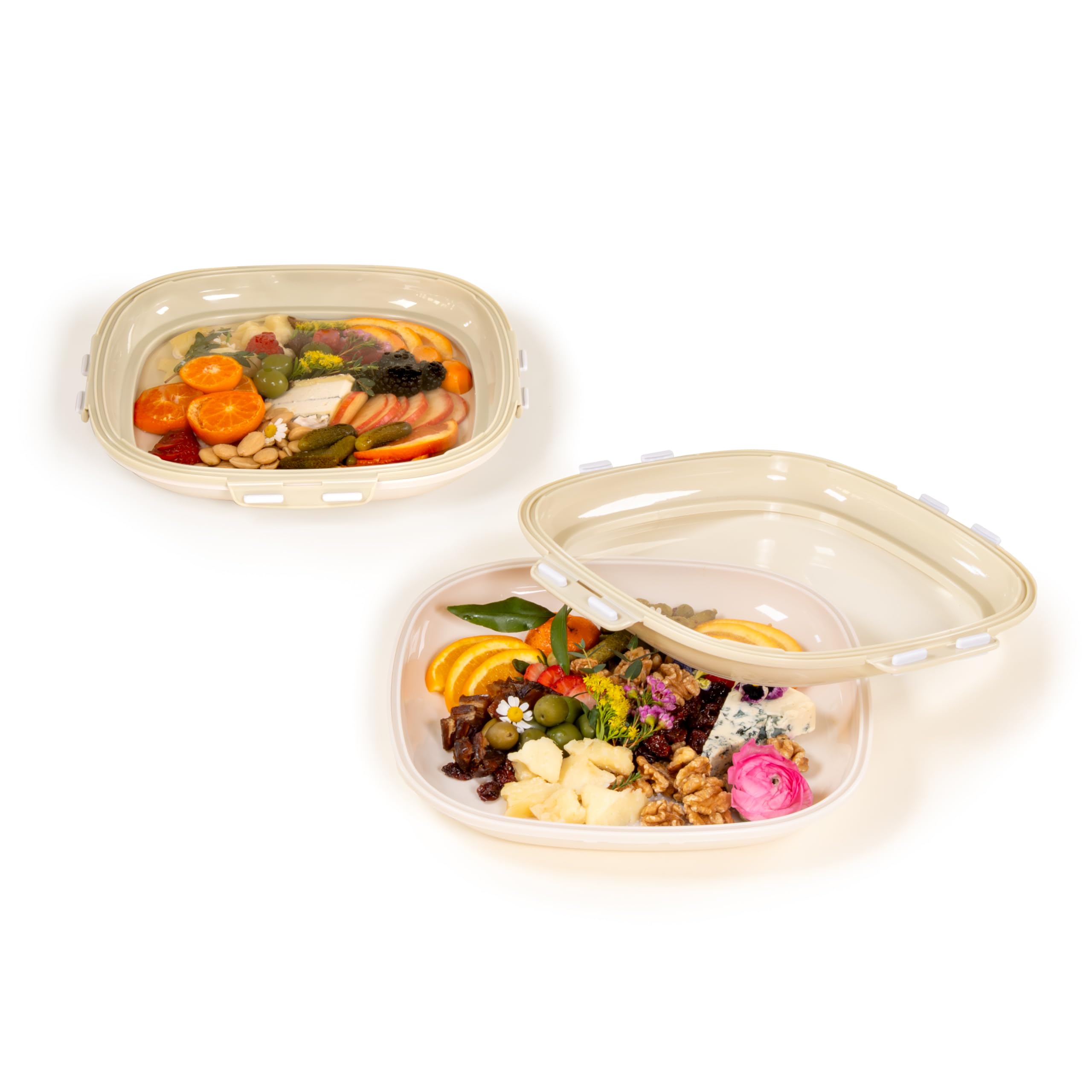 Crudités | Portable Snack Tray | Cream White | Reversible Stretch Lid Food Containers | BPA-Free, Freezer & Dishwasher Safe | Meal-Prep, Charcuterie (Square 2-Pack - Cream White)