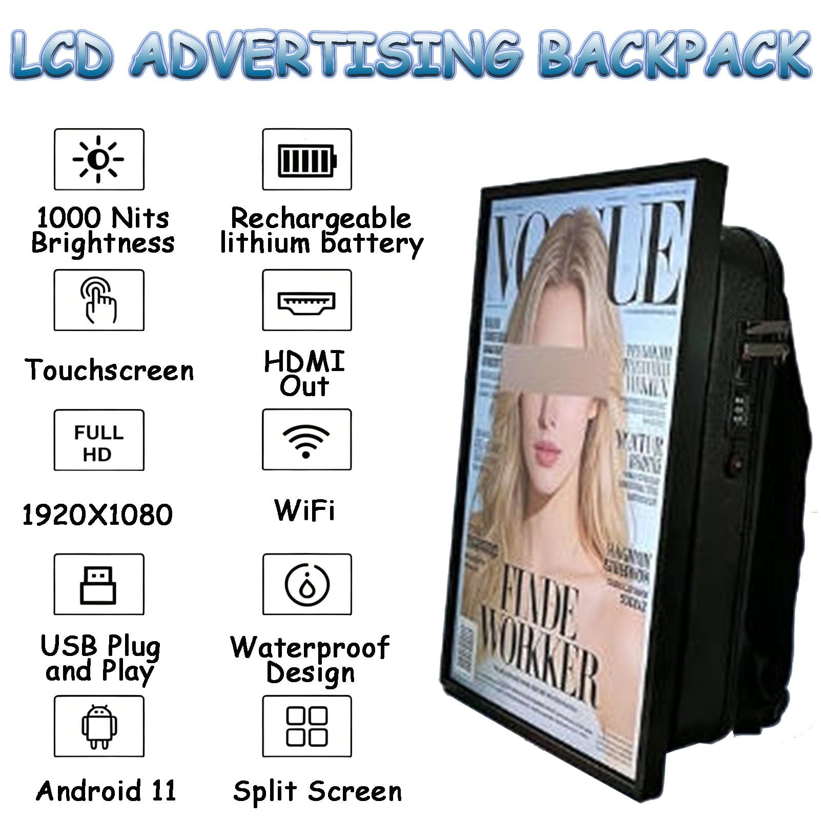 Zaino pubblicitario Digitale da 21,5 Pollici, Impermeabile, con Display Digitale da 1000 nit di luminosità e risoluzione 1920 * 1080, Ideale per Qualsiasi Evento all'aperto Wi-FiAndroidModel