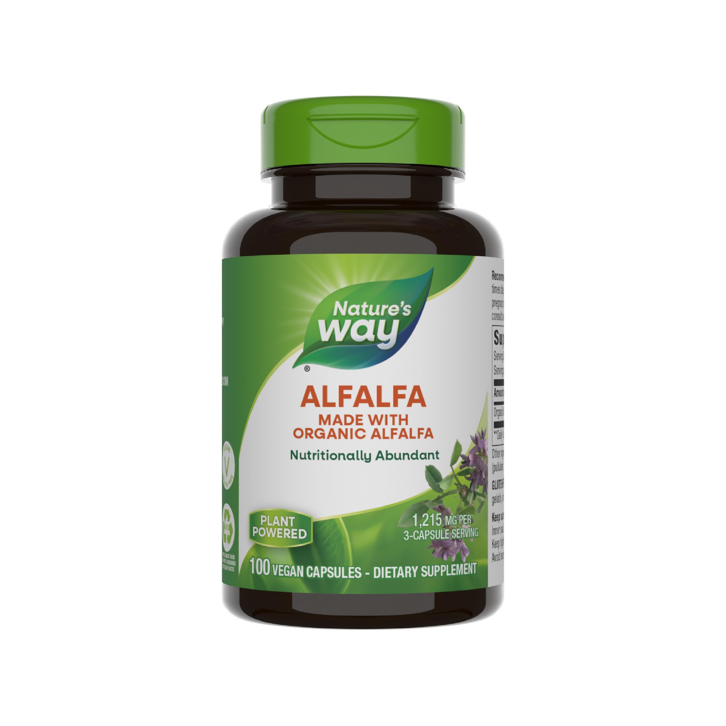 Nature's Way Alfalfa, Made With Organic Alfalfa, 1,215 mg per 3-capsule serving, Alfalfa Herbal Capsule, Gluten Free, Vegan, 100 Capsules (Packaging May Vary)