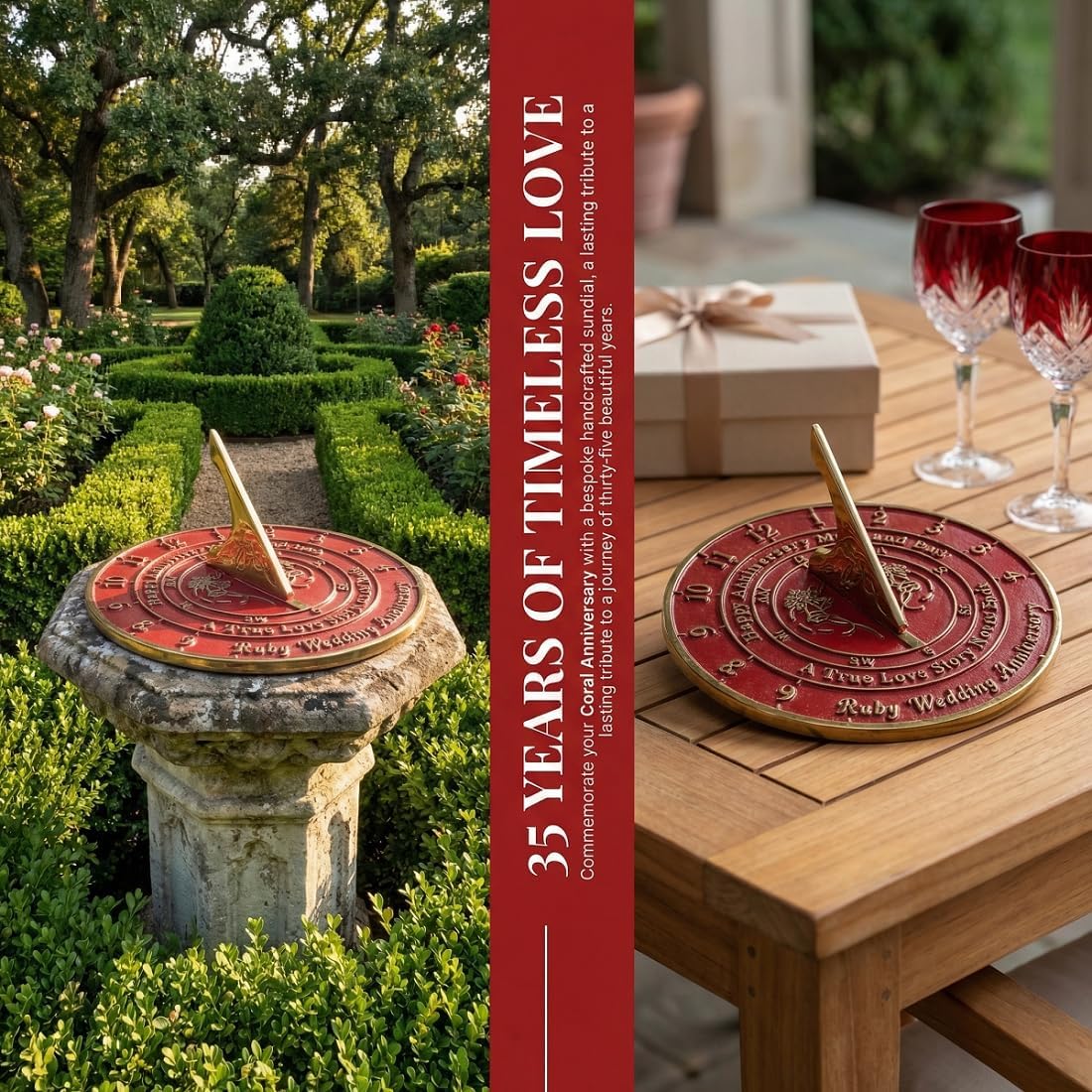 35th Coral Wedding Custom Engraved Sundial for Garden & Outdoor Decor, Personalized Metal Plaque for Parents, Couples, Him & Her, 35 Year Celebration Present