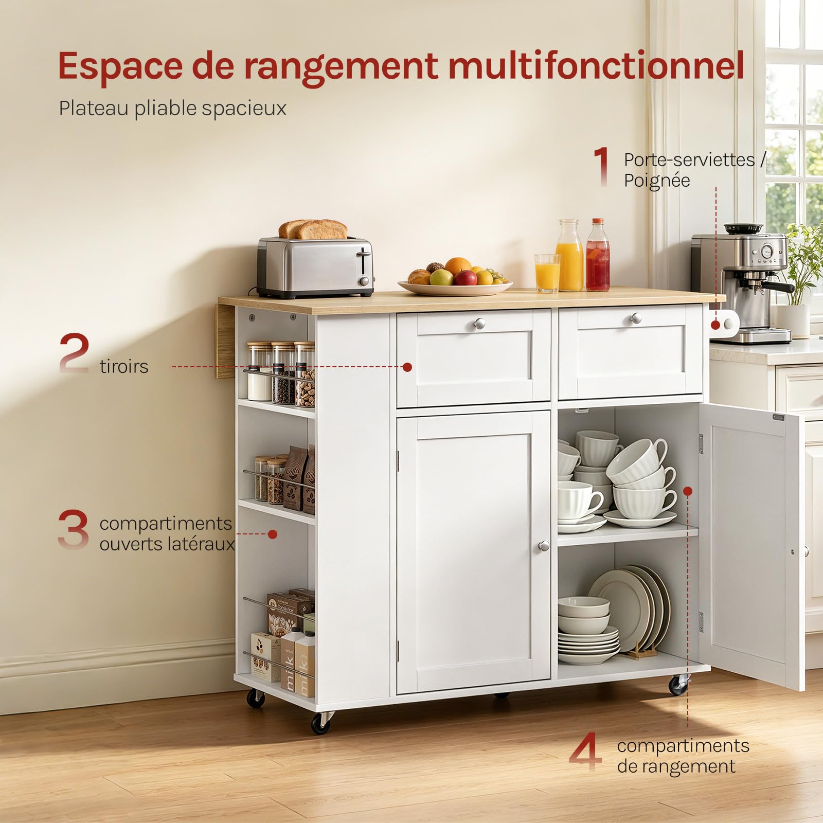 WOLTU Îlot Central Cuisine sur roulettes, Meuble Cuisine avec Plateau Rabattable, Étagère Latérale, Placard avec 2 Tiroirs, 2 Portes et Porte-Serviettes, Chêne Clair + Blanc