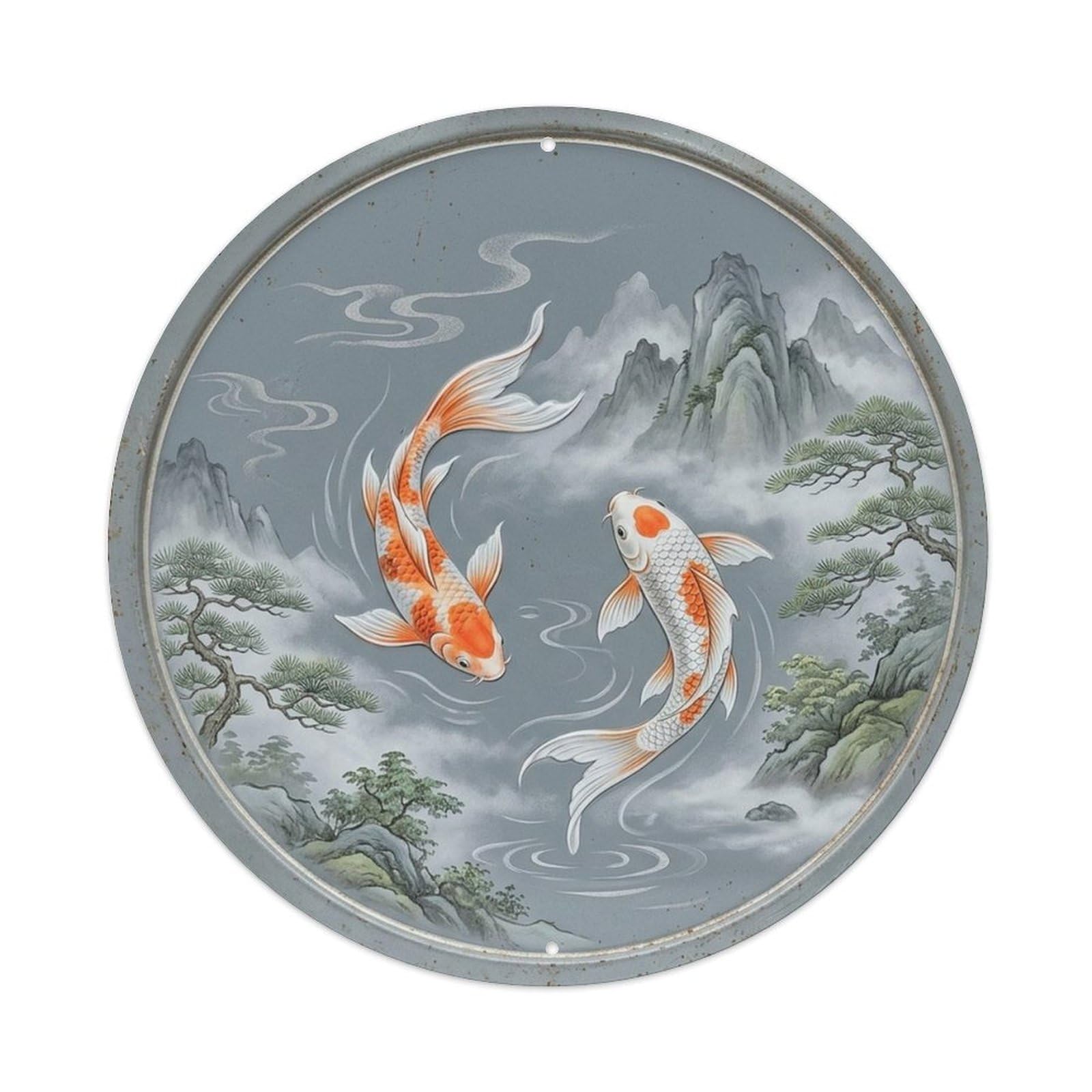 Oriental Koi Slate Mountain Mist Feng Shui Harmony Nature Metal Tin Sign Plaque Wall Decor for Cafe, Man Cave, Club Bar, Office, Home Garden Round Metal Poster 8x8Inch