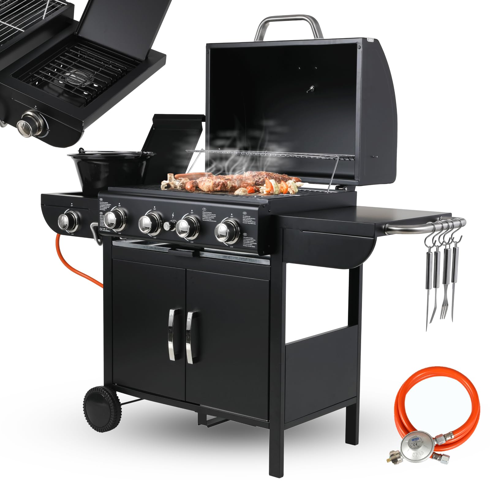 Barbecue Gaz sur Chariot 4+1 Brûleurs 14.05KW avec Plaque Latérale, Thermomètre, Allumage par Impulsion