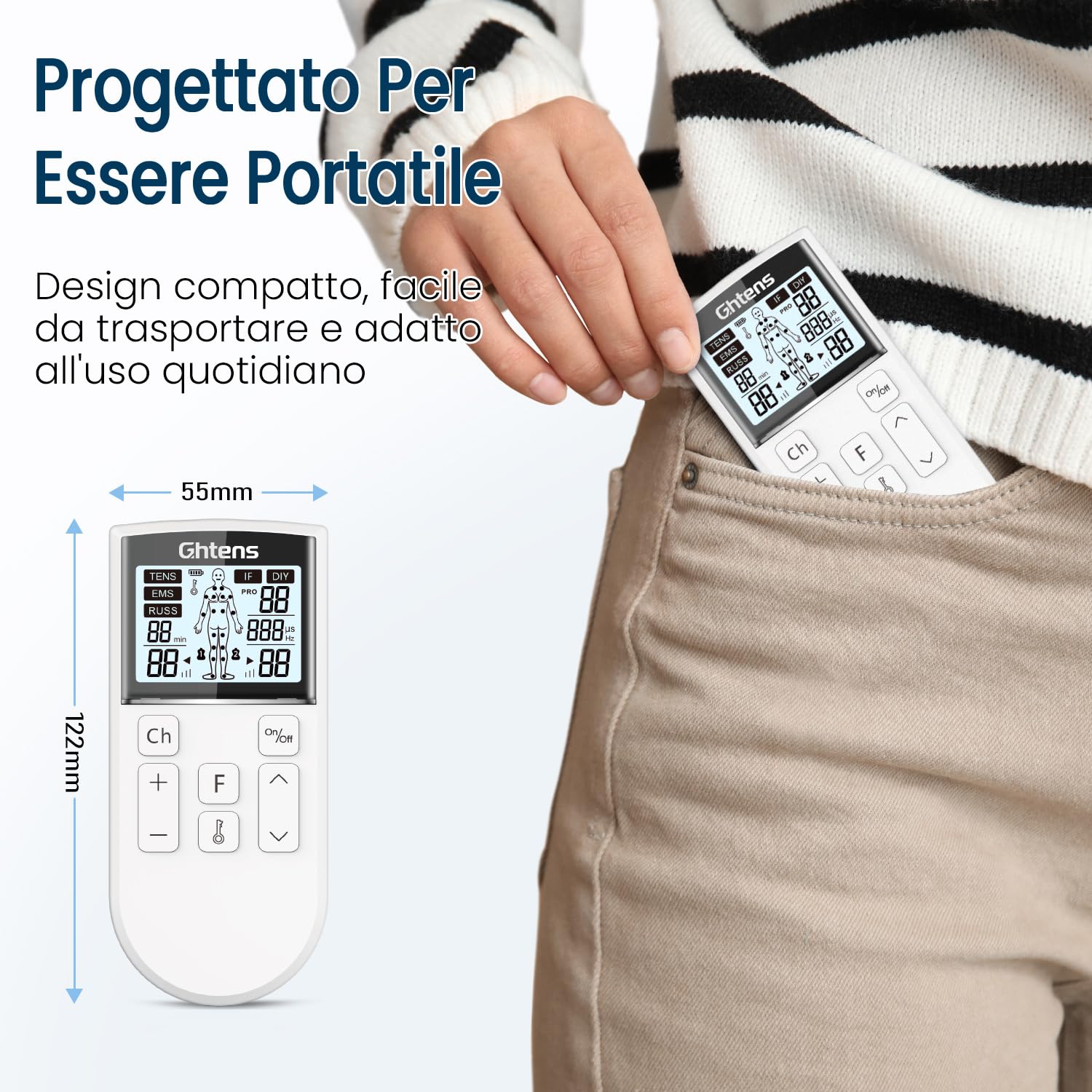 GHTENS 5 in 1 Elettrostimolatore Muscolare Professionale, Ricaricabile 80 Modalità con TENS/EMS/RUSS/IF/DIY Massaggio, 2 Canali, 16 Intensità per Alleviare il Dolore