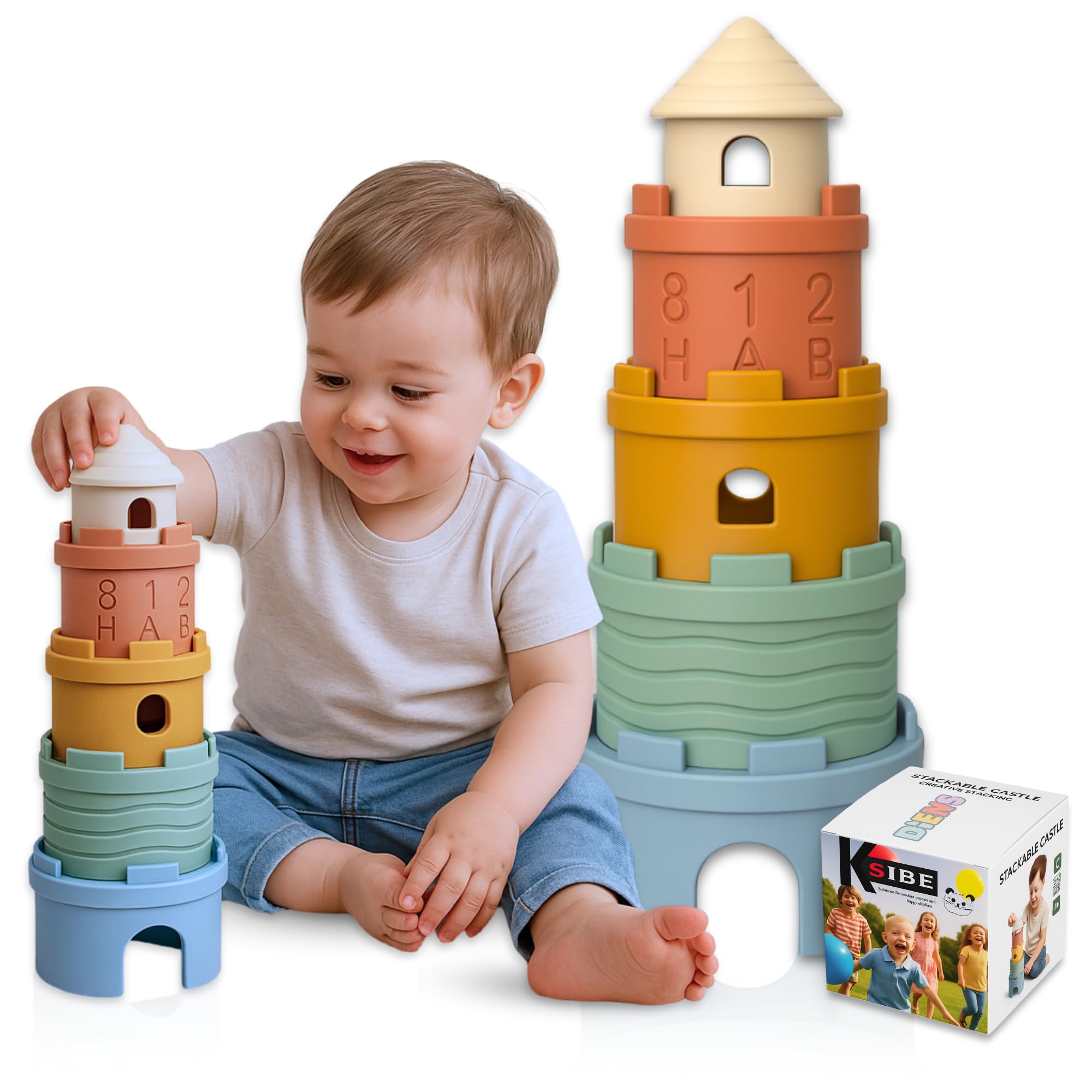 KSIBE Cubos Apilables Bebe Silicona – Juguete Montessori Sensorial 3 en 1: Apilador, Mordedor y Baño Desde 6 Meses, Regalo Bebe 1 Año