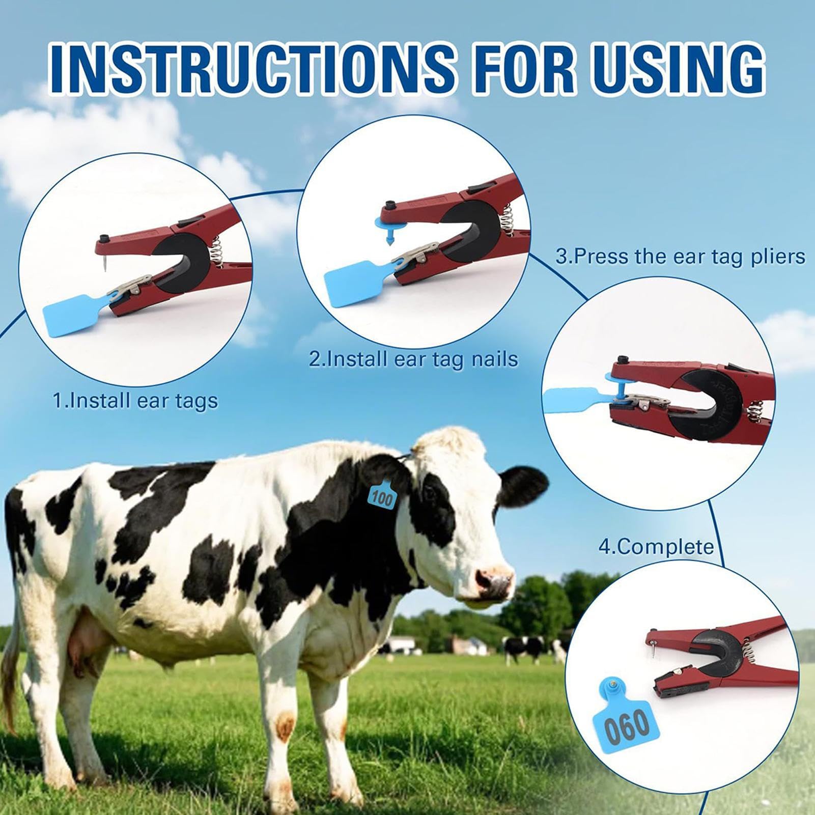 Étiquettes auriculaires pour moutons – 1 lot numérotées 001 à 100, étiquettes d'identification d'animaux avec applicateur | Étiquettes de gestion du bétail pour bovins, chèvres, programmes d'élevage