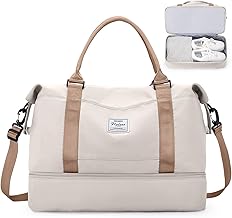 Women's Travel Bag, Lightweight Hand Luggage Bag, Gym Sports Bag with Shoe Compartment, Waterproof Weekend Bag Hospital Bag with Separate Wet Bag, B10-beige Light Brown
