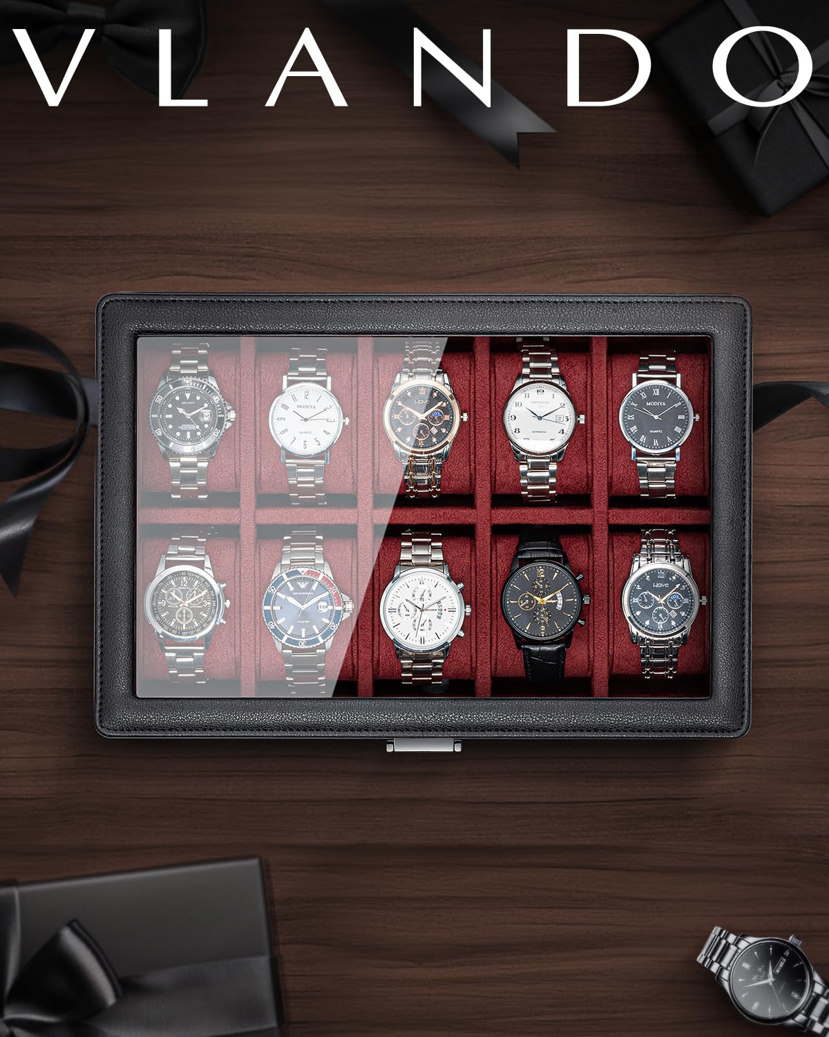 Vlando Caja de reloj de 10 ranuras para hombre, caja de reloj con tapa de cristal grande, bloqueable, cuero texturizado de negocios, almohada suave grande de 52 mm, regalo para padres, marido, amigo,