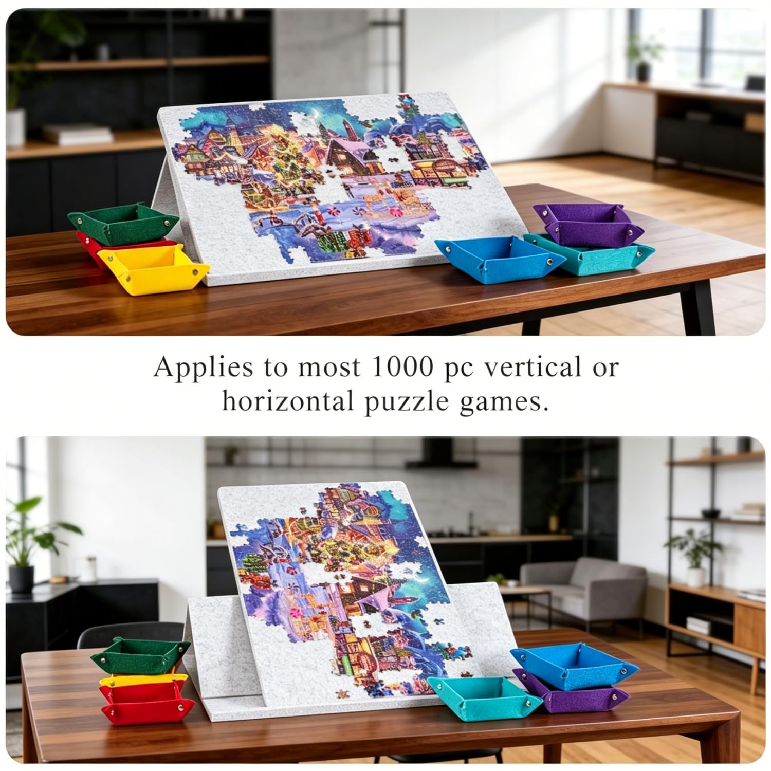 Tavola per puzzle inclinabile con supporto 2 in 1 e coperchio, 1000 pezzi, tavolo portaoggetti in feltro, regolabile in 3 angolazioni, 6 vassoi di ordinamento, tavola puzzle leggera e portatile per