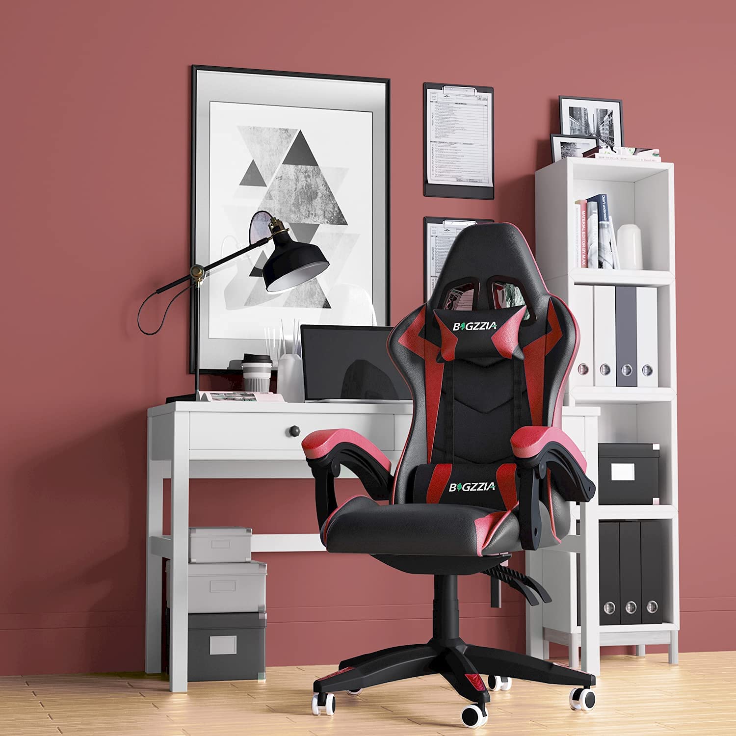 Bigzzia Silla Gaming,Silla Ergonómica de Oficina en Cuero PU,Regulable en Altura con Soporte Lumbar y Reposacabezas,Respaldo Reclinable 155°,Silla Gamer Adulto Niño(Rojo)