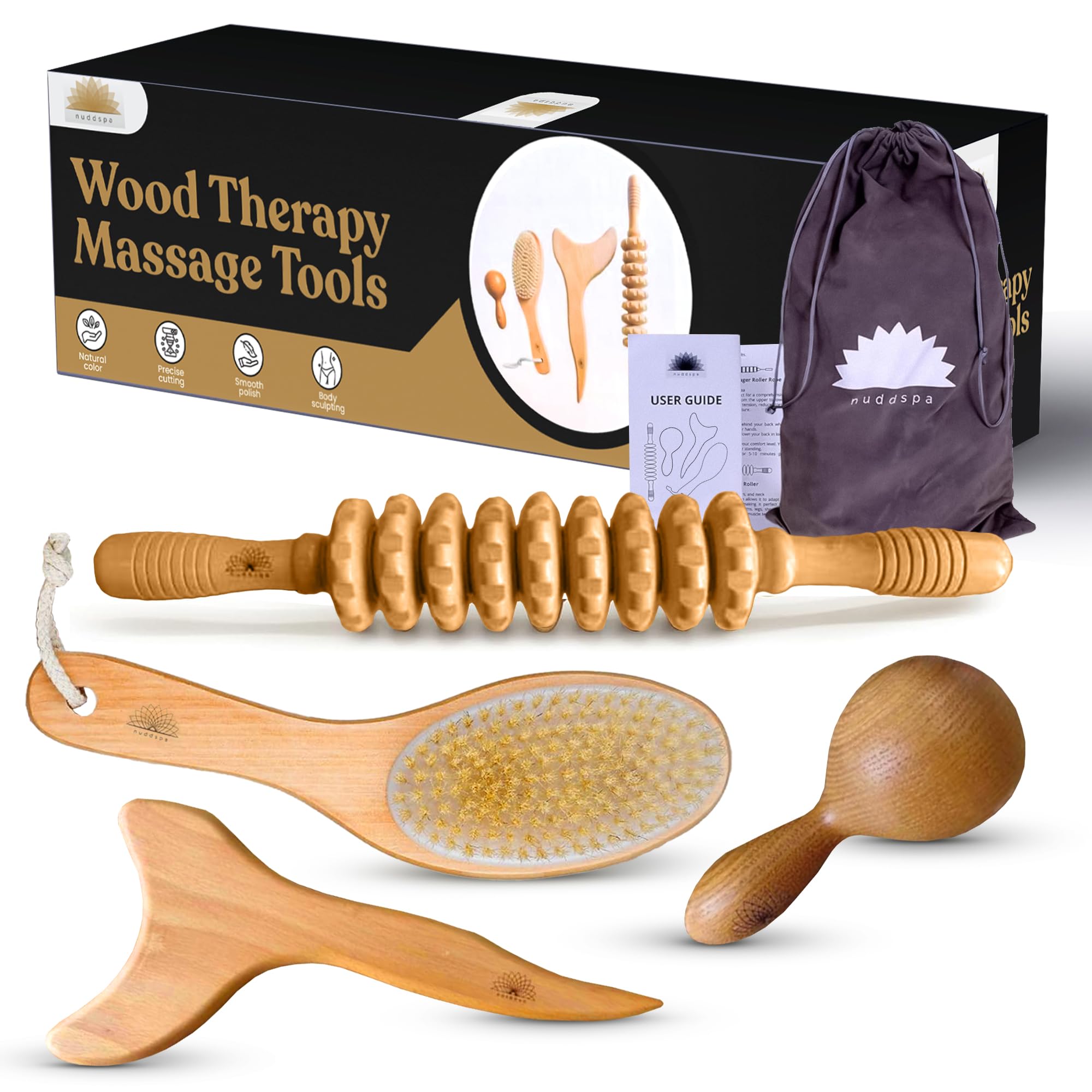 Wood Therapy Massage Tools 4 Pcs, Lymphatic Drainage Massager, Maderoterapia Kit, Anti Cellulite Complete Body Sculpting Tools for Total Relaxation & Relief (4 Pack)