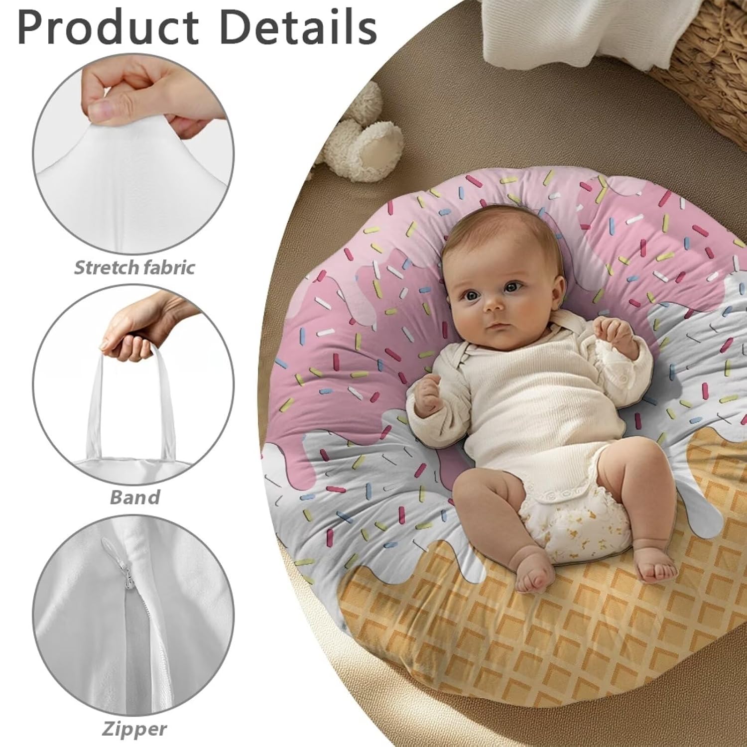 2 Pack Creative Ice Cream Cone Newborn Lounger Cover Neutral, Soft Comfortable Baby Lounger Slipcover Removable Cover for Infant Lounger Pillow for Baby Boys Girls Playing Sleeping