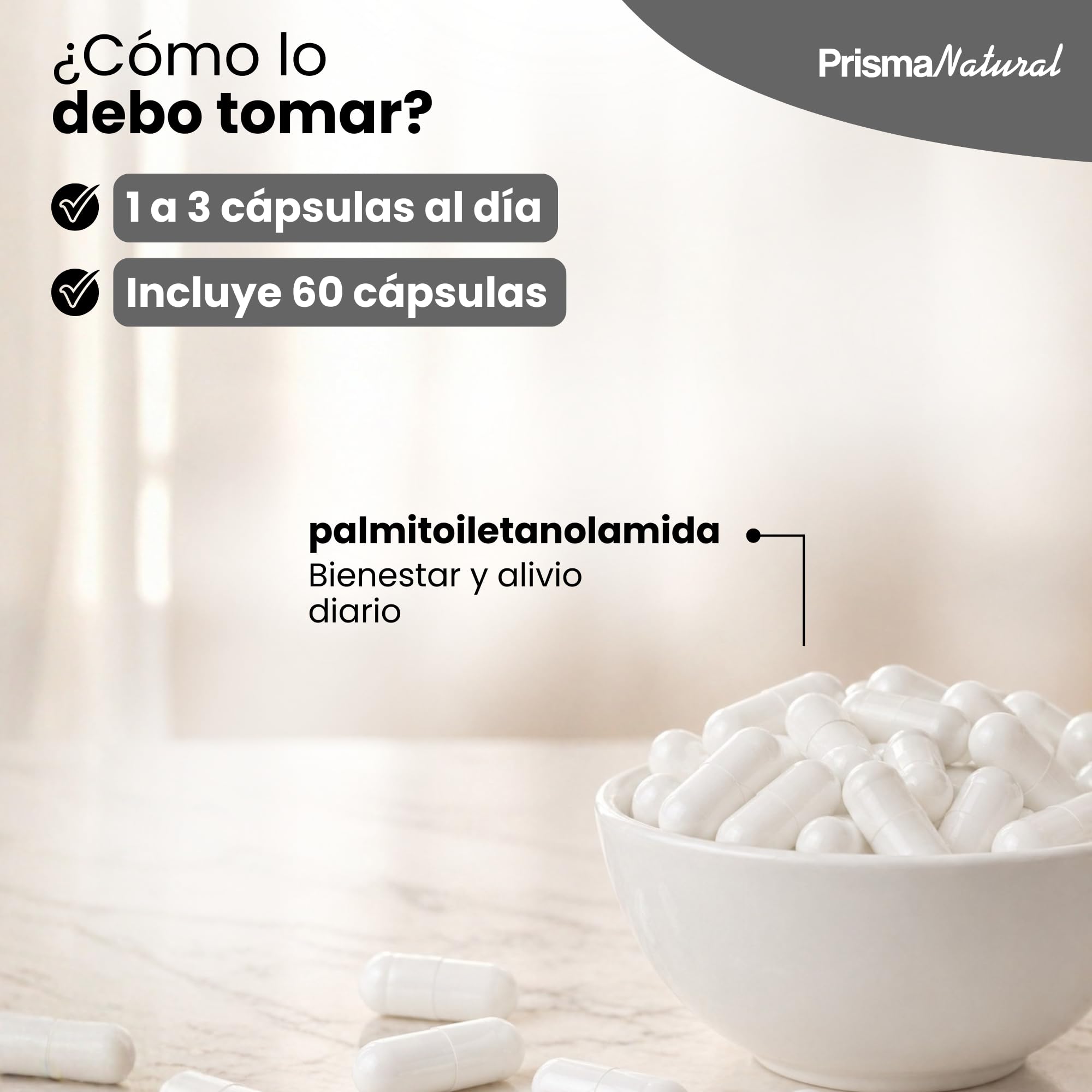 Pea Premium 60 Cápsulas - Pea Protein Cápsulas con Palmitoiletanolamida – Complemento Alimenticio – Contribuye al Bienestar General y Equilibrio Corporal – Prisma Natural