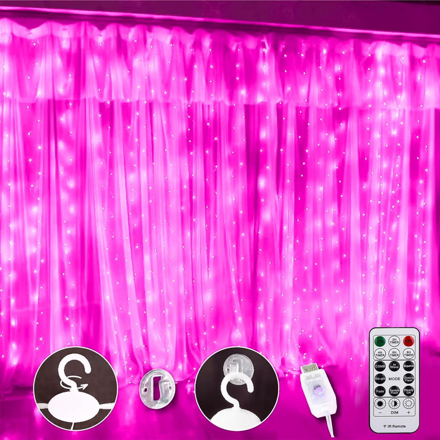 SINAMER Pink Curtain Light for Bedroom, 300 LED 9.8ft x 9.8ft Window Fairy Curtain