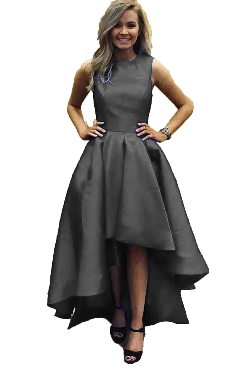 strapless open back dress Silver Prom Dress A-Line V-Neck Straps Long Stretch Satin Prom Dresses main image 1