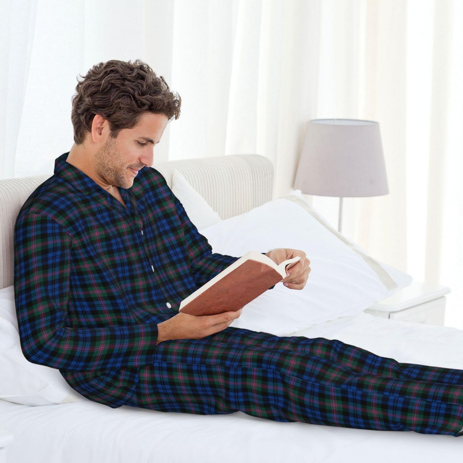 Pigiama a maniche lunghe da uomo con stampa a quadri a righe Set da notte per la casa Fughe di fine settimana Indumenti da notte in due pezzi