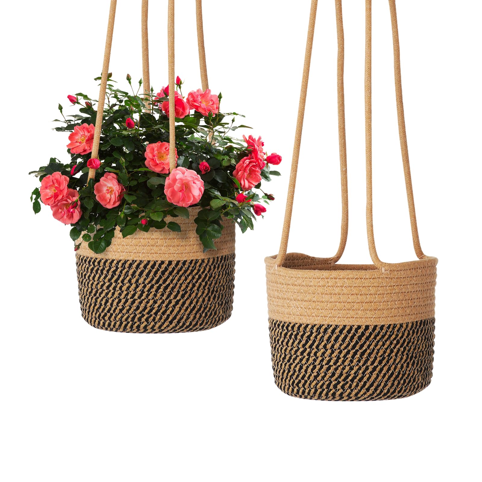 Paquete de 2 macetas colgantes de yute para plantas de ganchillo para interiores y exteriores, para decoración del hogar, macetas para hierbas, helechos, hiedra