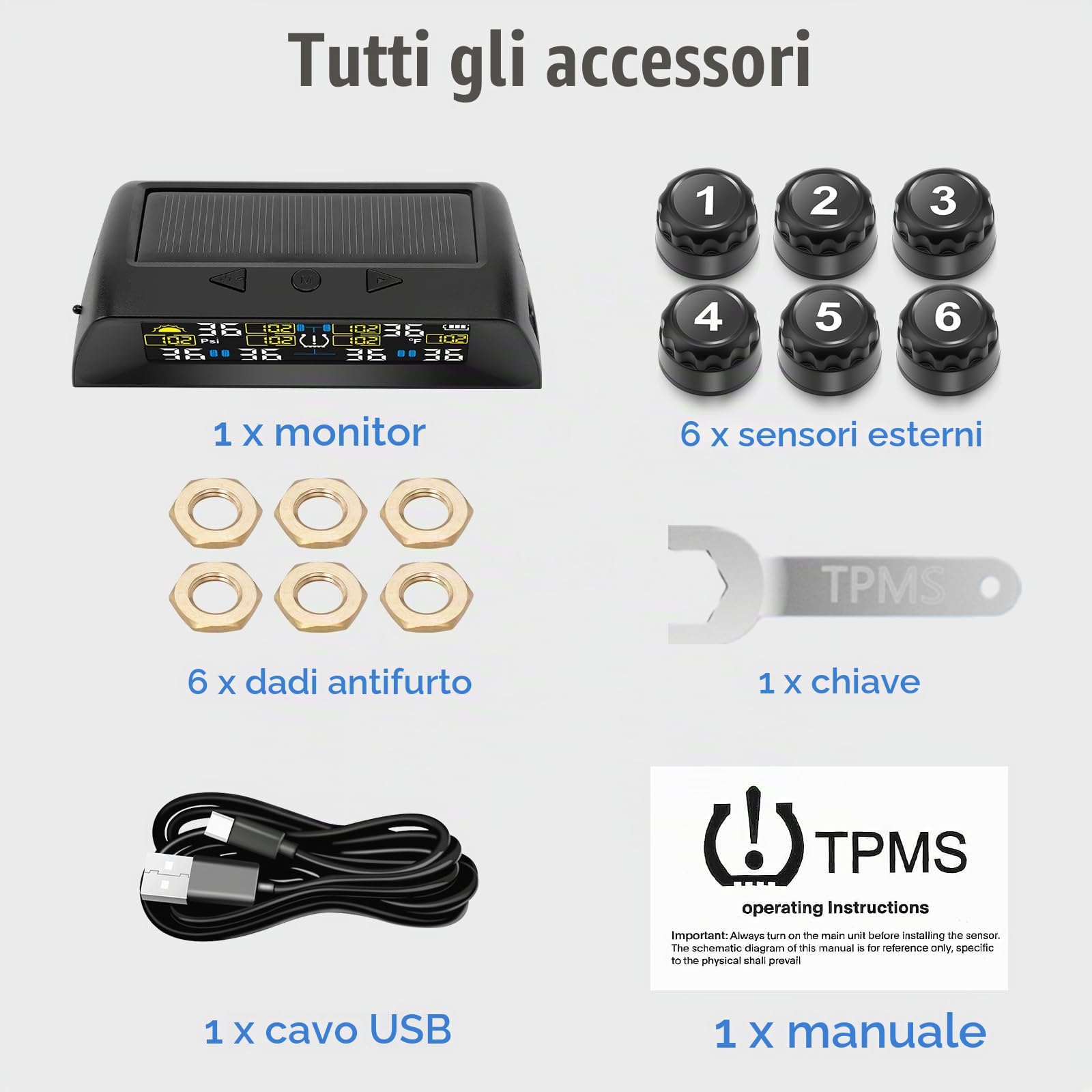 TPMS Sistema di Monitoraggio,della Pressione degli Pneumatici per Autocarri, Camper, Pullman,6 Sensori Ruote, 5 modalità Allarme, Ricarica Solare/USB(Ultima Versione)